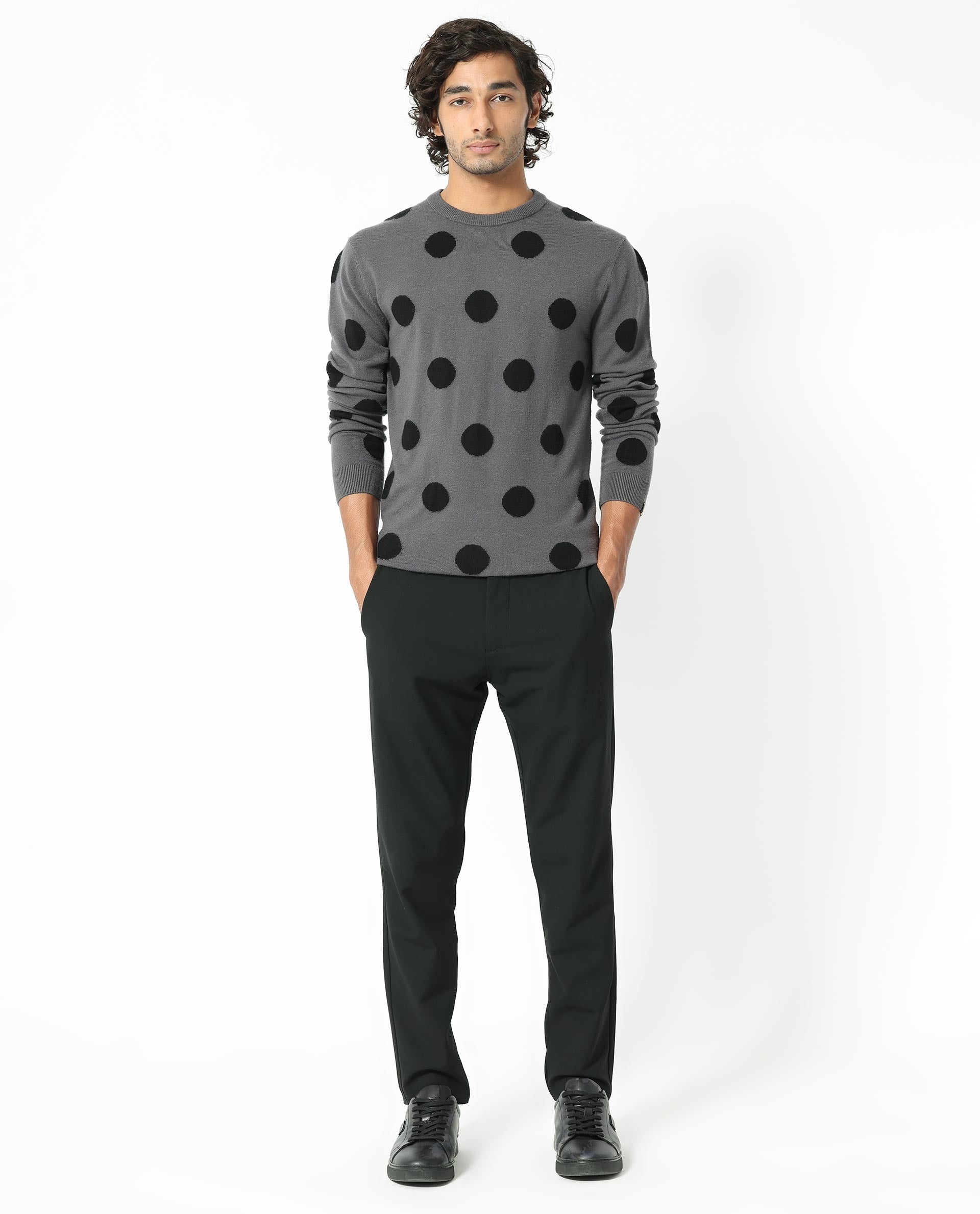 Rare Rabbit Men's Deremy Grey Viscose Polyester Nylon Fabric Full Sleeves Knitted Polka Dot Sweater