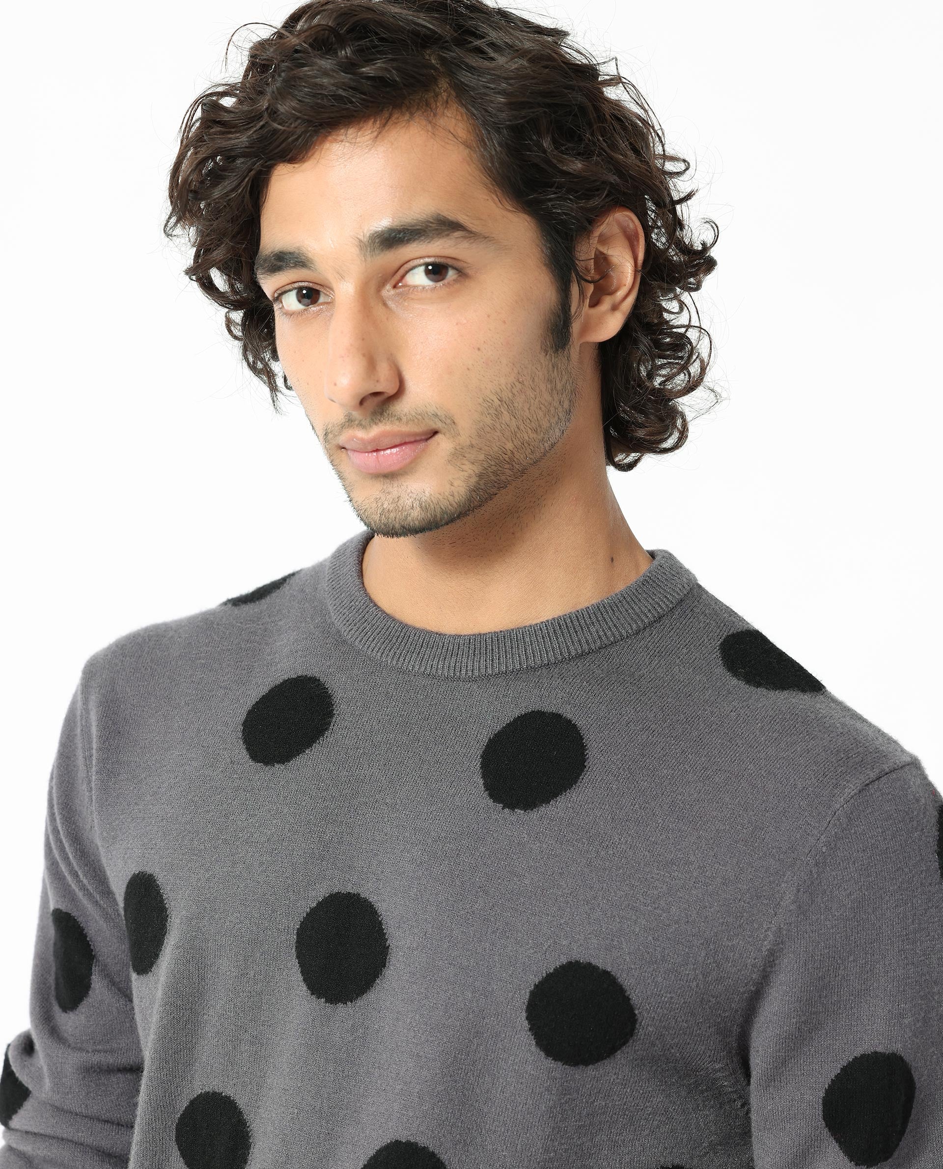 Rare Rabbit Men's Deremy Grey Viscose Polyester Nylon Fabric Full Sleeves Knitted Polka Dot Sweater