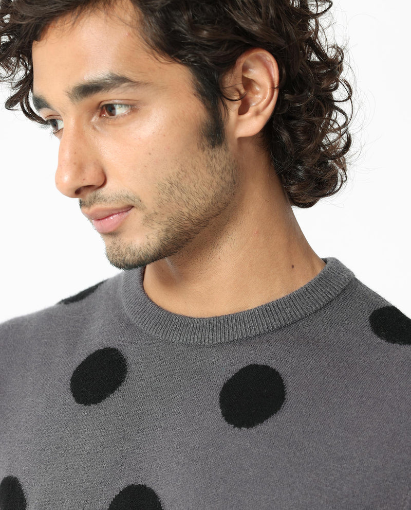 Rare Rabbit Men's Deremy Grey Viscose Polyester Nylon Fabric Full Sleeves Knitted Polka Dot Sweater
