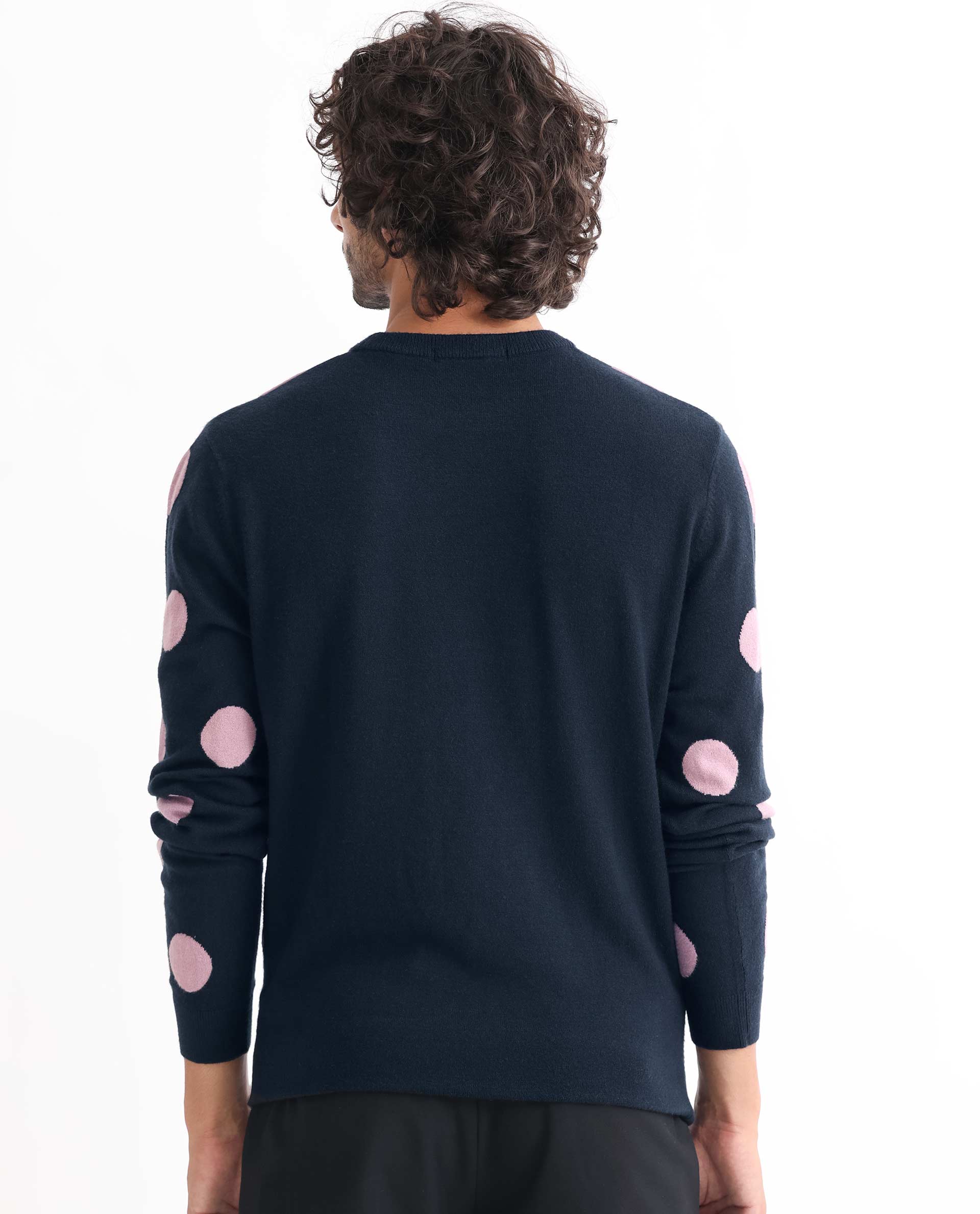 Rare Rabbit Mens Deremy Navy Viscose Polyester Nylon Fabric Full Sleeves Relaxed Fit Polka Print Sweater
