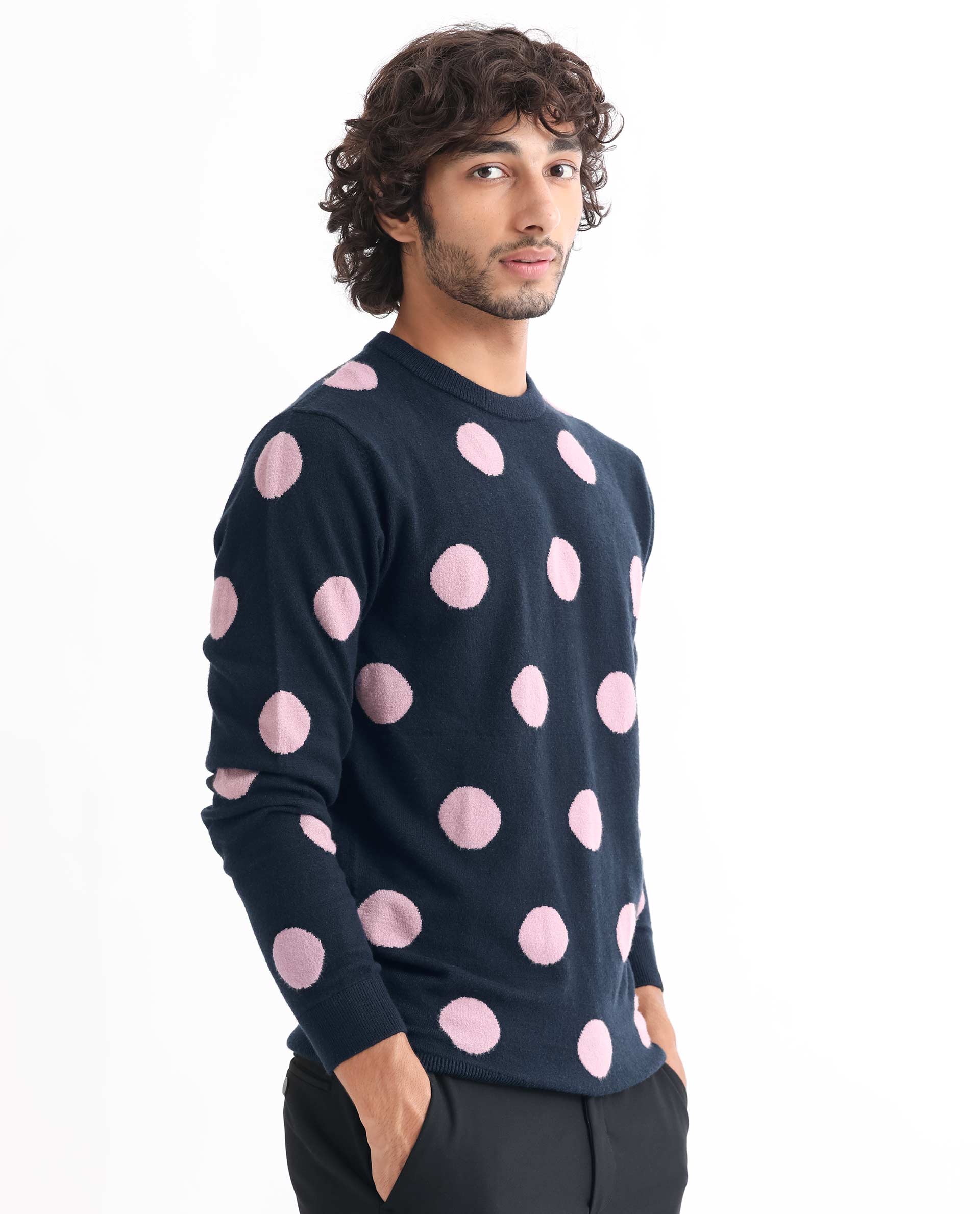 Rare Rabbit Mens Deremy Navy Viscose Polyester Nylon Fabric Full Sleeves Relaxed Fit Polka Print Sweater