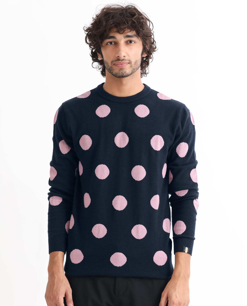 Rare Rabbit Mens Deremy Navy Viscose Polyester Nylon Fabric Full Sleeves Relaxed Fit Polka Print Sweater