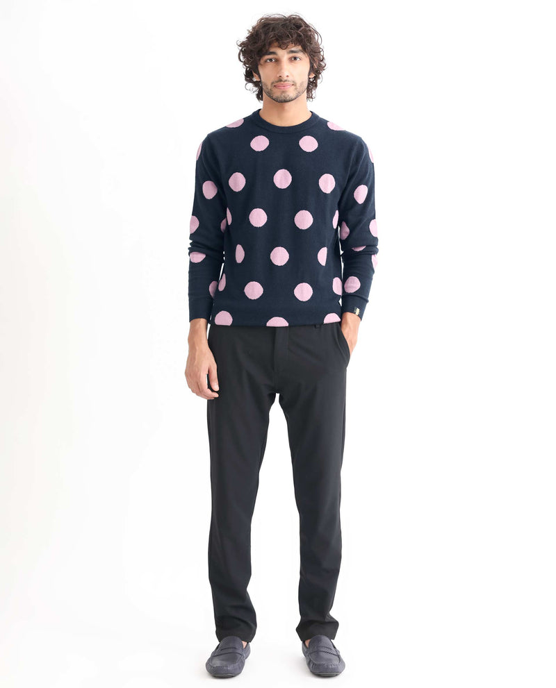 Rare Rabbit Mens Deremy Navy Viscose Polyester Nylon Fabric Full Sleeves Relaxed Fit Polka Print Sweater