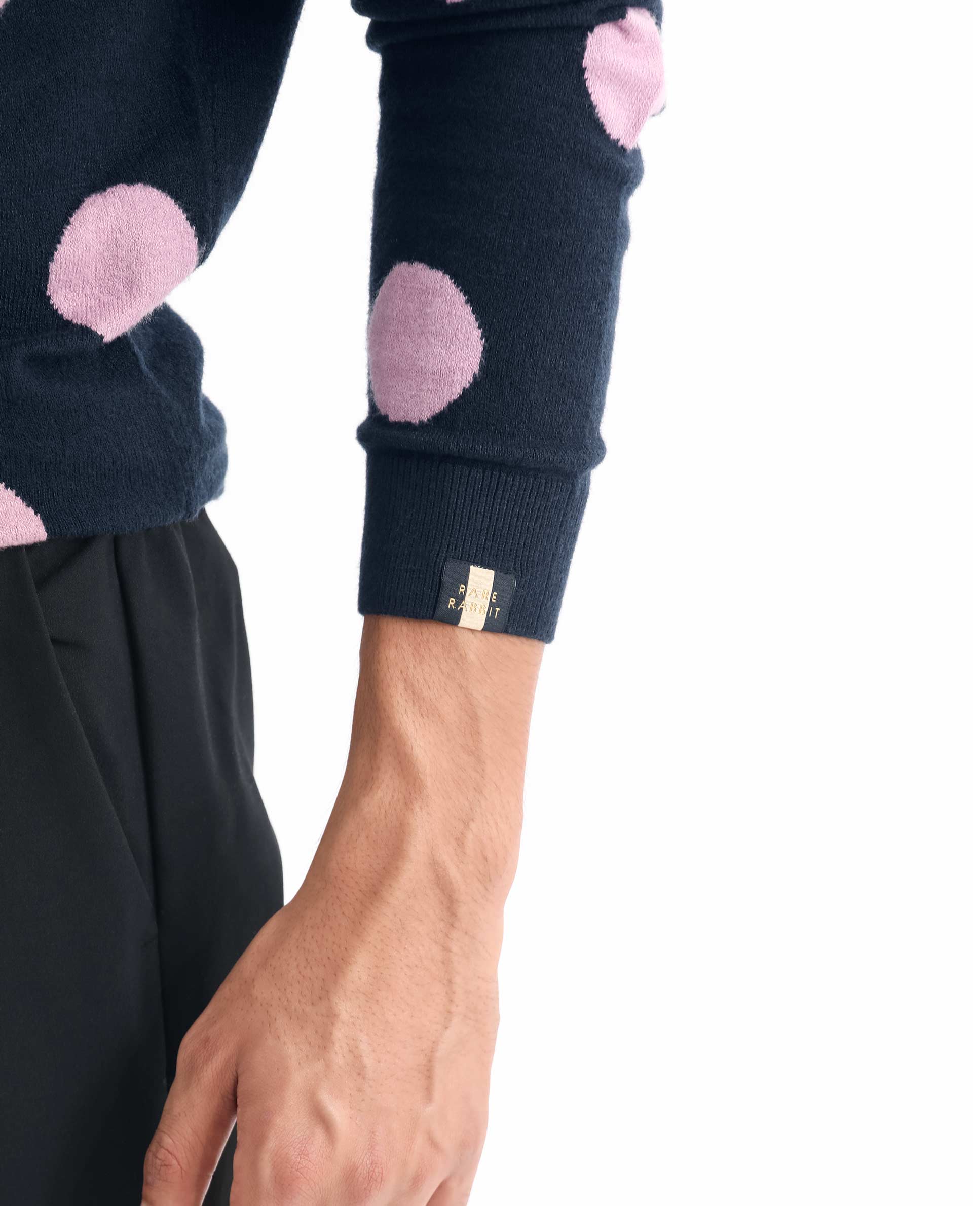 Rare Rabbit Mens Deremy Navy Viscose Polyester Nylon Fabric Full Sleeves Relaxed Fit Polka Print Sweater