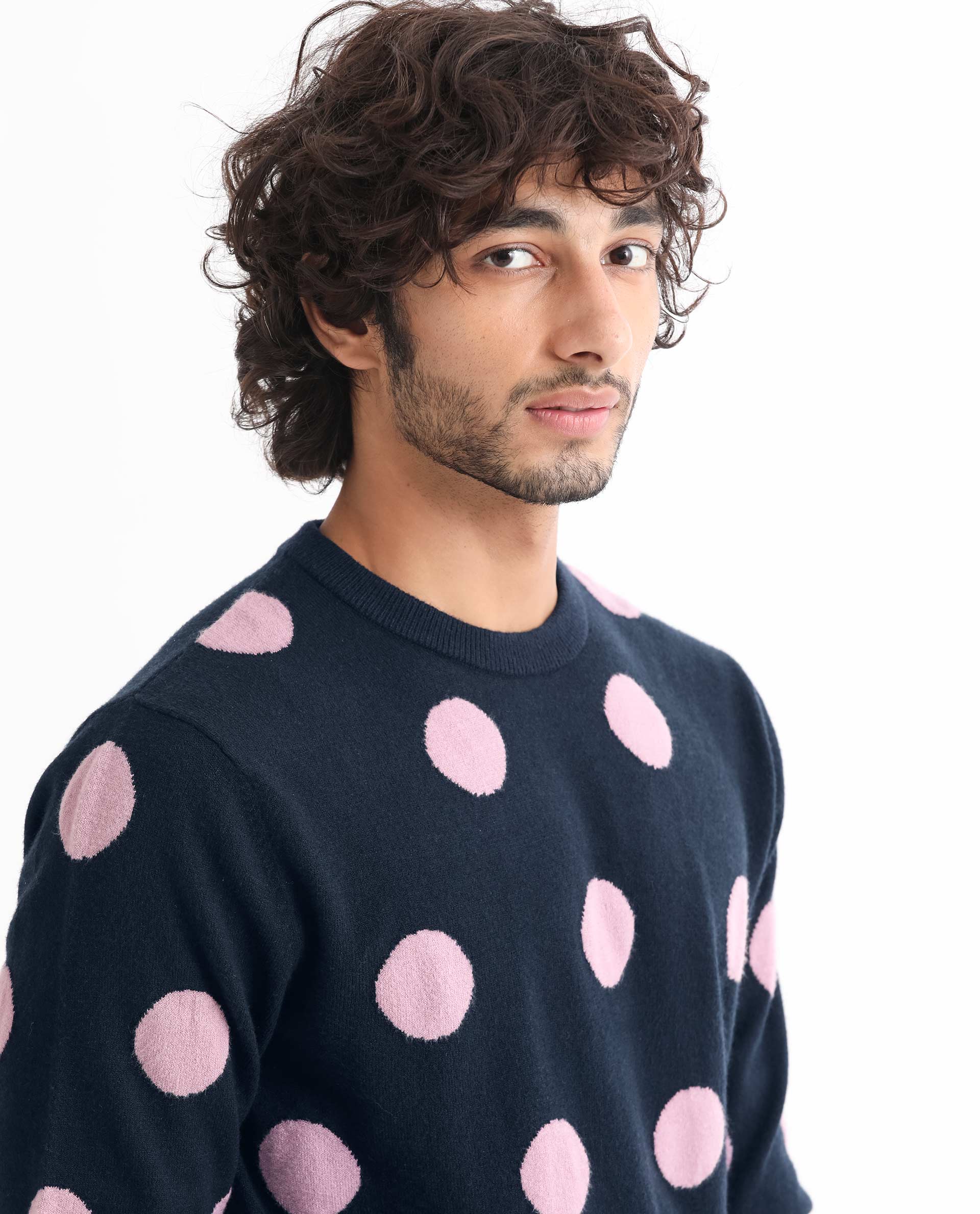 Rare Rabbit Mens Deremy Navy Viscose Polyester Nylon Fabric Full Sleeves Relaxed Fit Polka Print Sweater