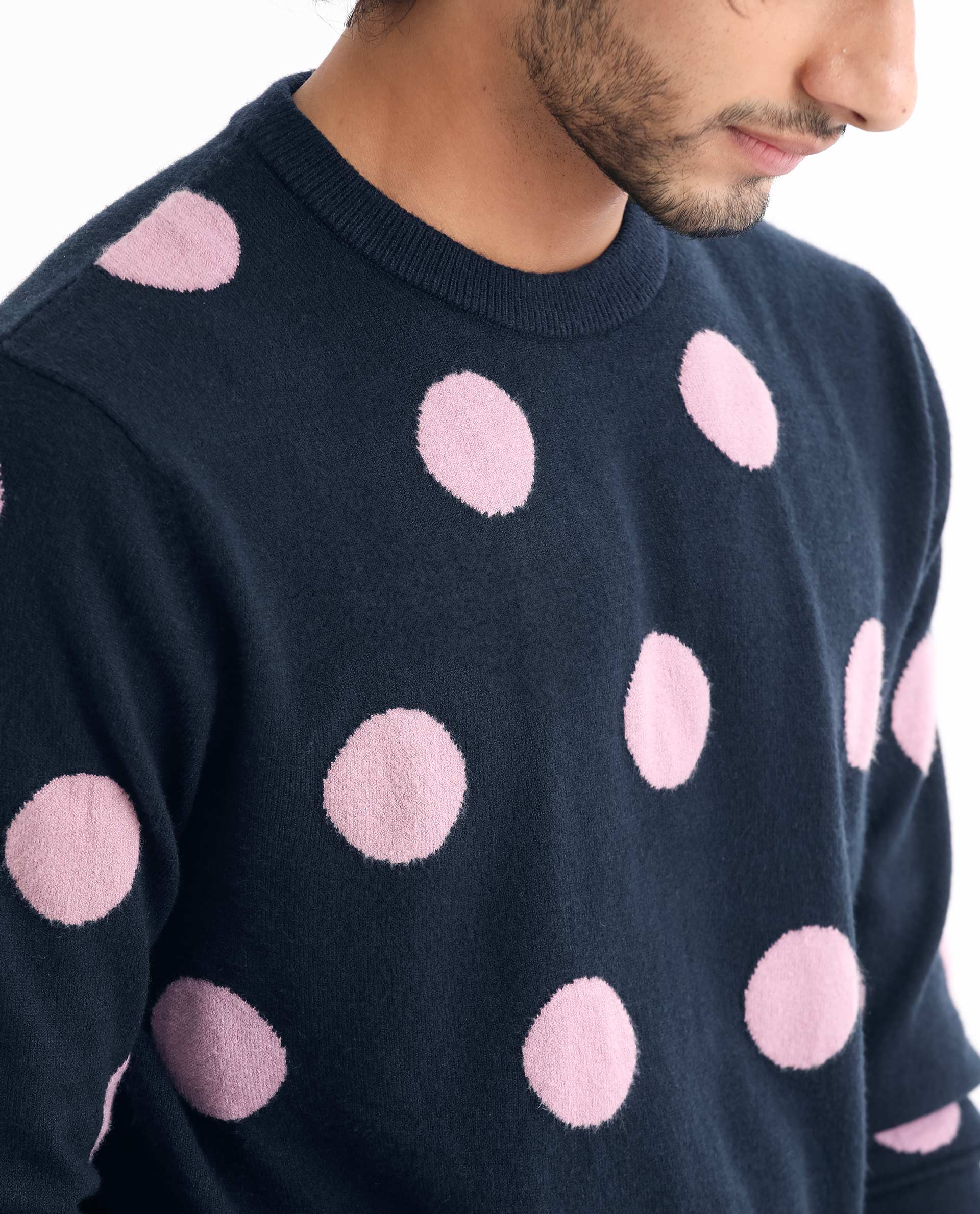 Rare Rabbit Mens Deremy Navy Viscose Polyester Nylon Fabric Full Sleeves Relaxed Fit Polka Print Sweater