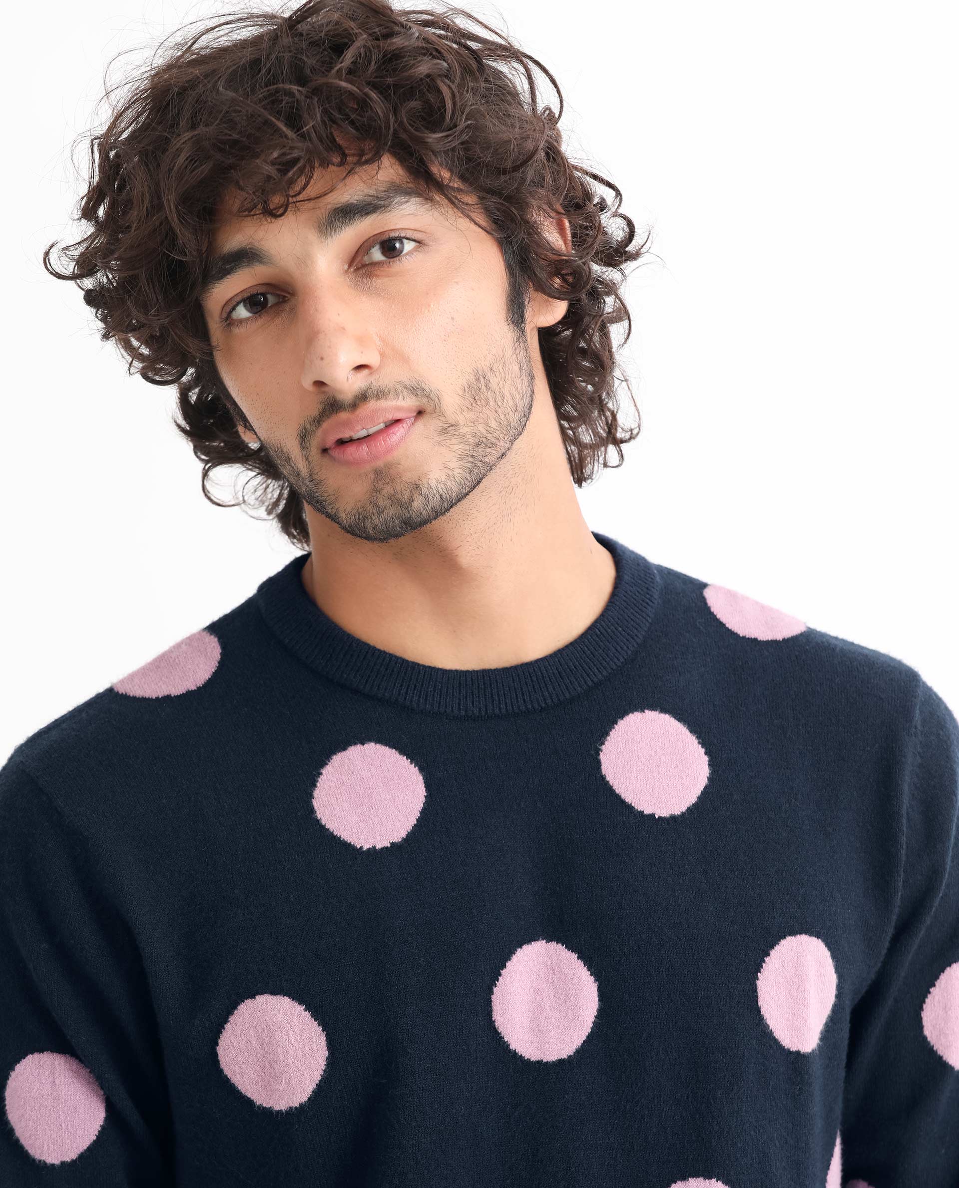 Rare Rabbit Mens Deremy Navy Viscose Polyester Nylon Fabric Full Sleeves Relaxed Fit Polka Print Sweater