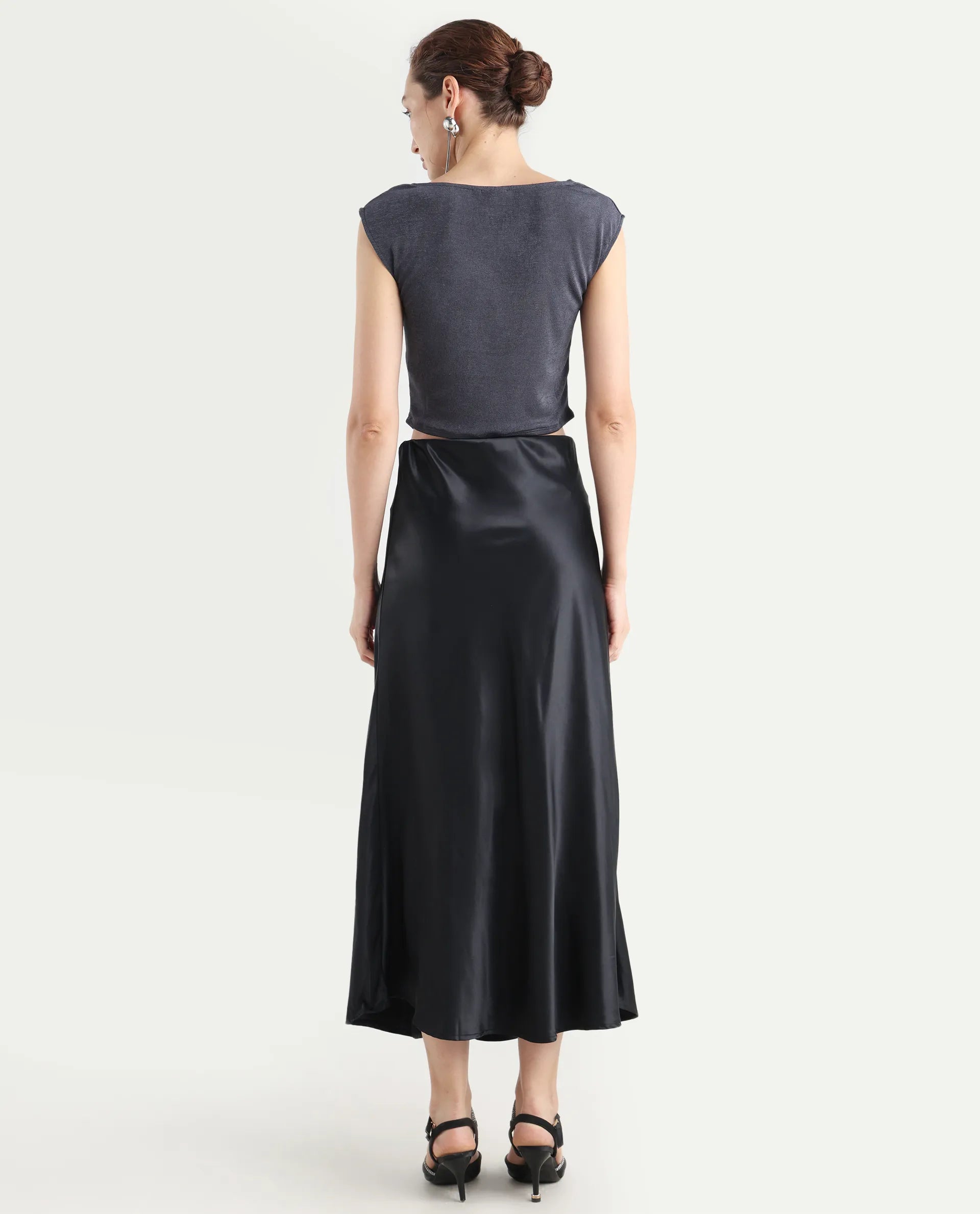 Rareism Women's Derep B Black Satin Plain Ankle Length Straight Fit Skirt