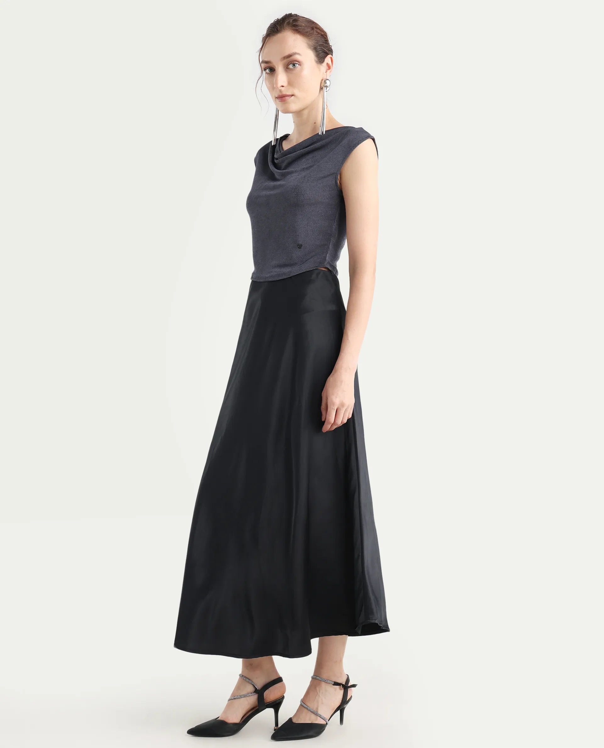 Rareism Women's Derep B Black Satin Plain Ankle Length Straight Fit Skirt