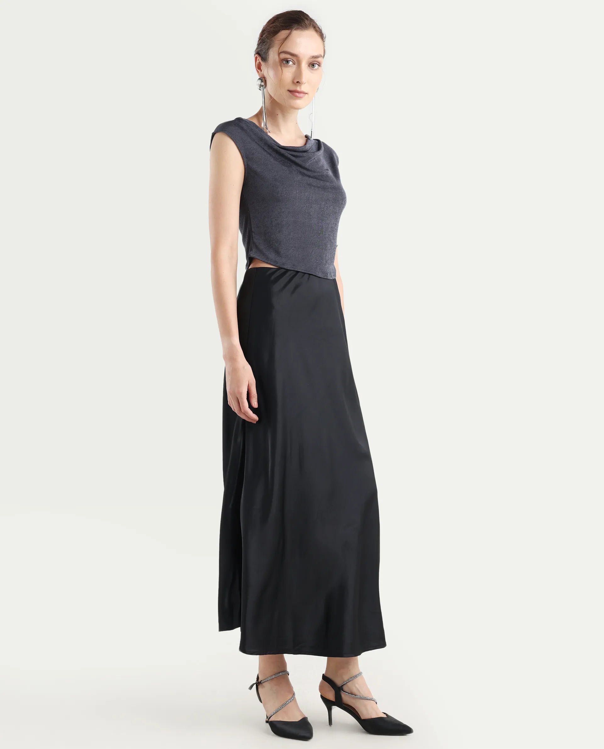 Rareism Women's Derep B Black Satin Plain Ankle Length Straight Fit Skirt