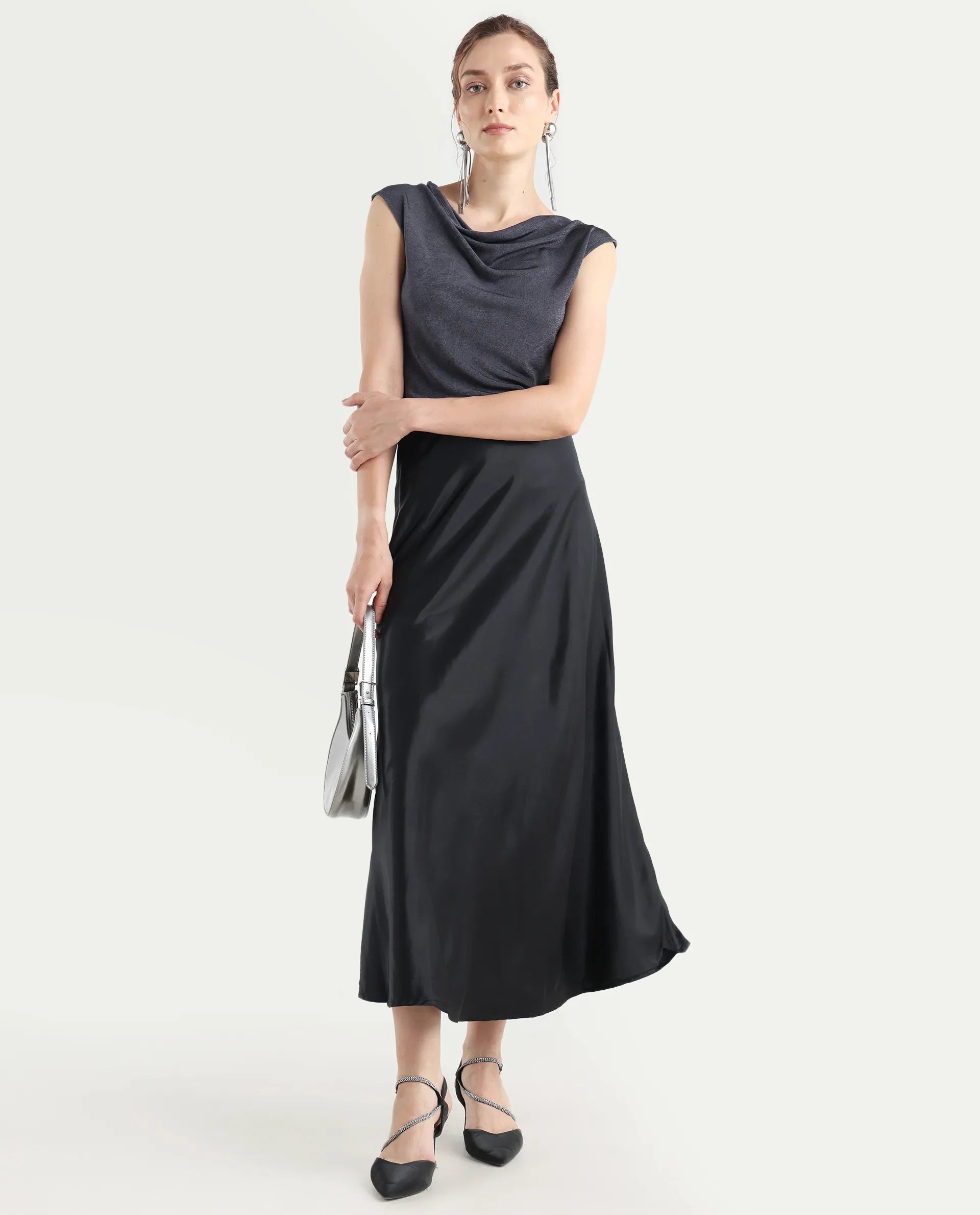 Rareism Women's Derep B Black Satin Plain Ankle Length Straight Fit Skirt