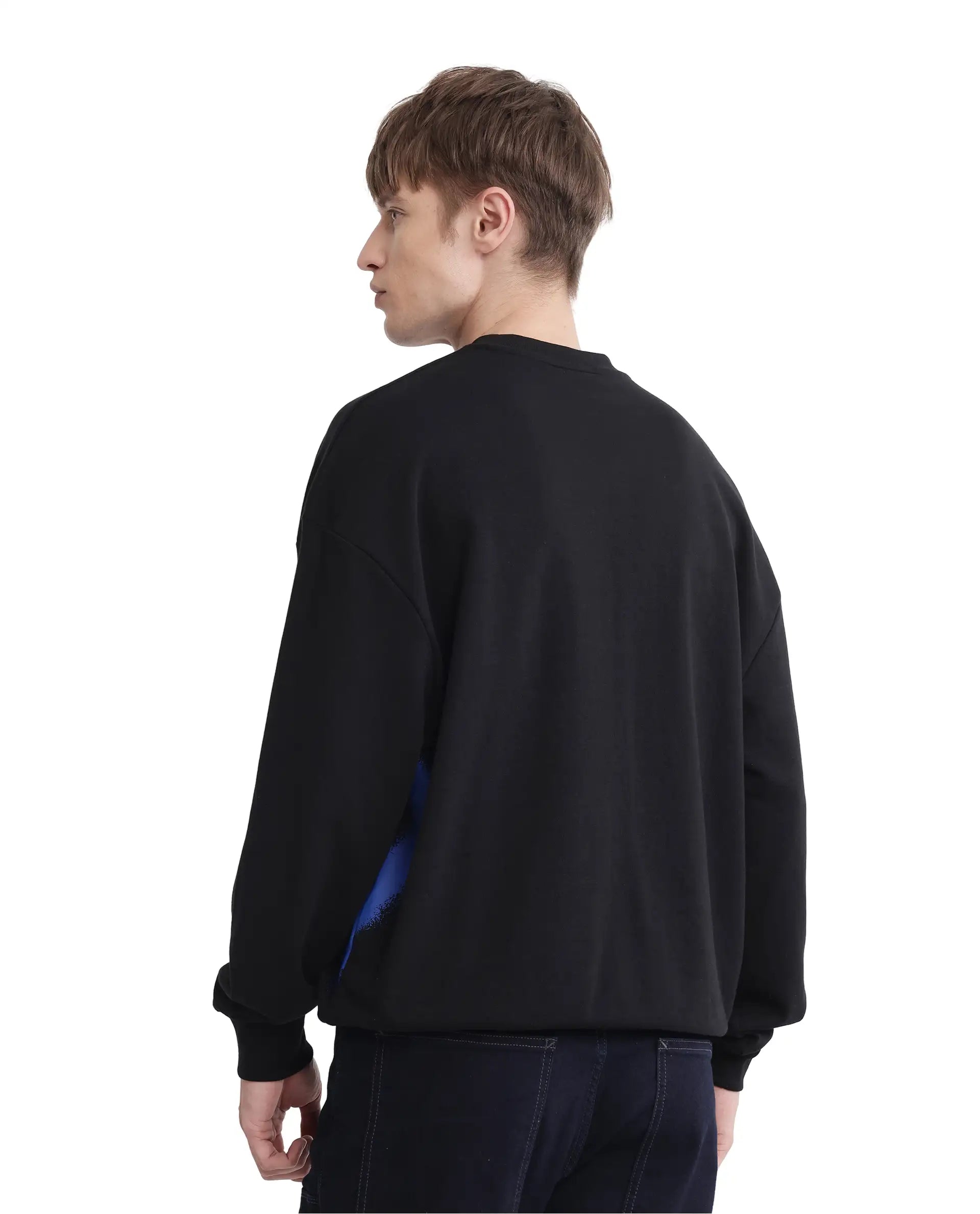 Rare Rabbit Men Deric Black Cotton Blend Fabric Full Sleeve Boxy Fit Placement Printed Sweatshirt