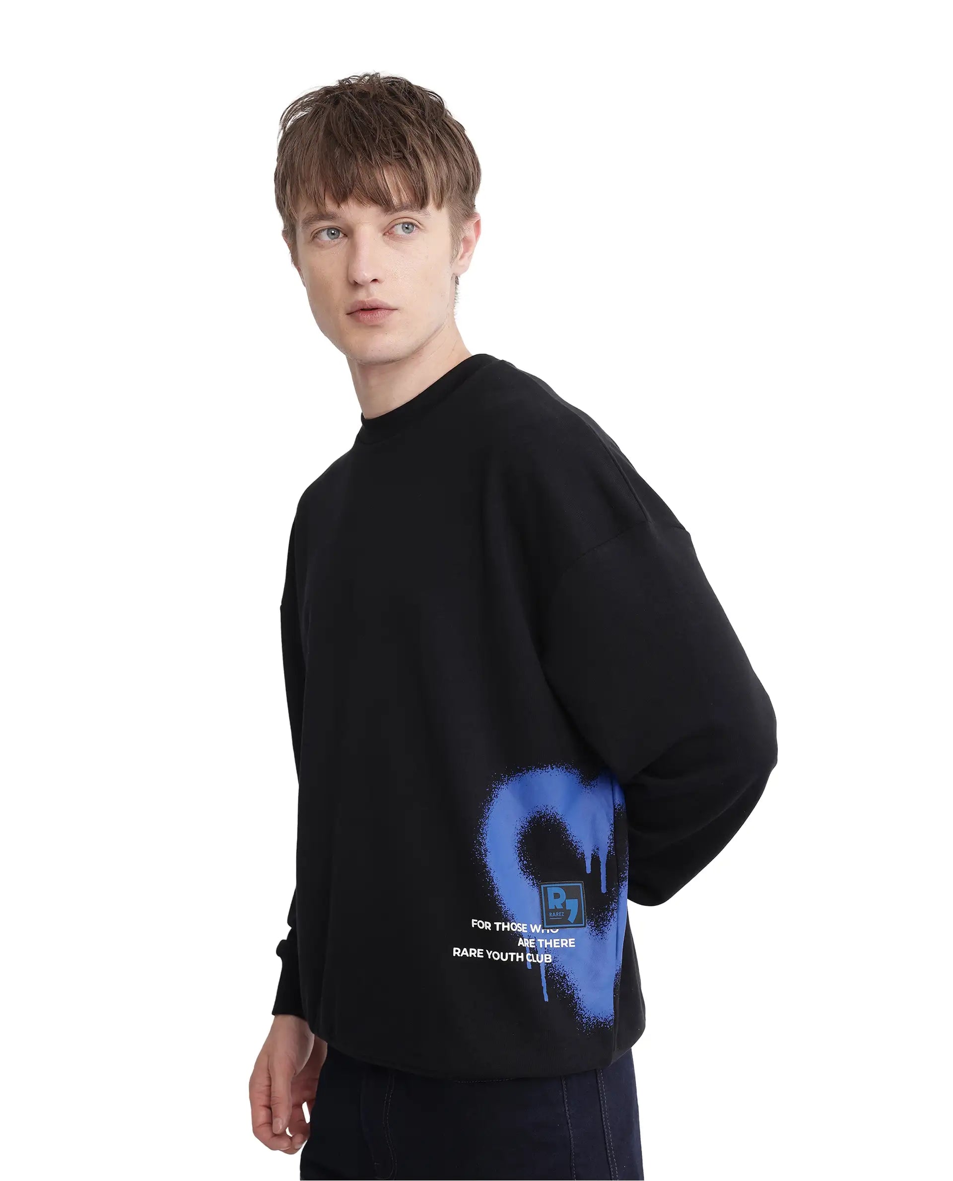 Rare Rabbit Men Deric Black Cotton Blend Fabric Full Sleeve Boxy Fit Placement Printed Sweatshirt