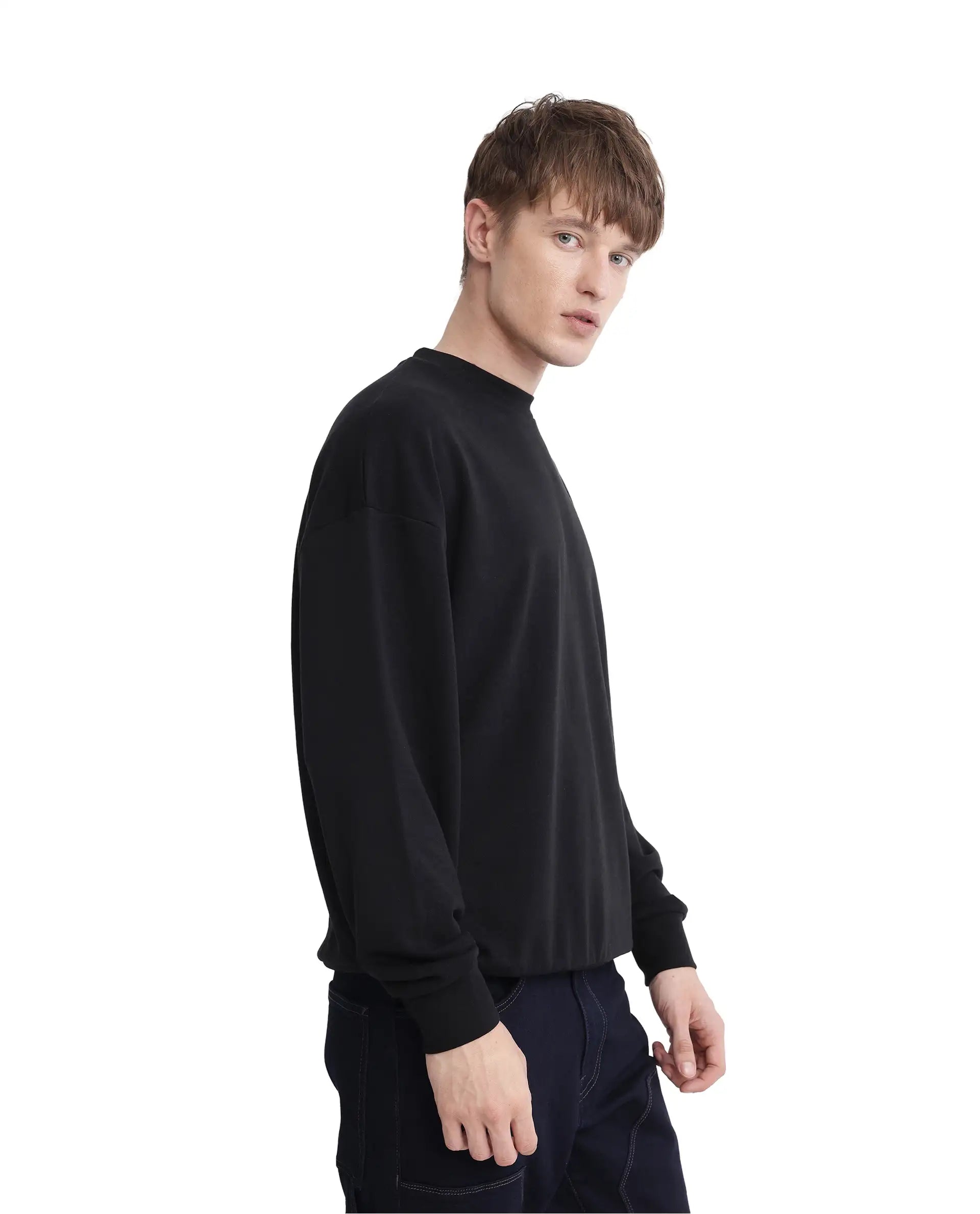 Rare Rabbit Men Deric Black Cotton Blend Fabric Full Sleeve Boxy Fit Placement Printed Sweatshirt