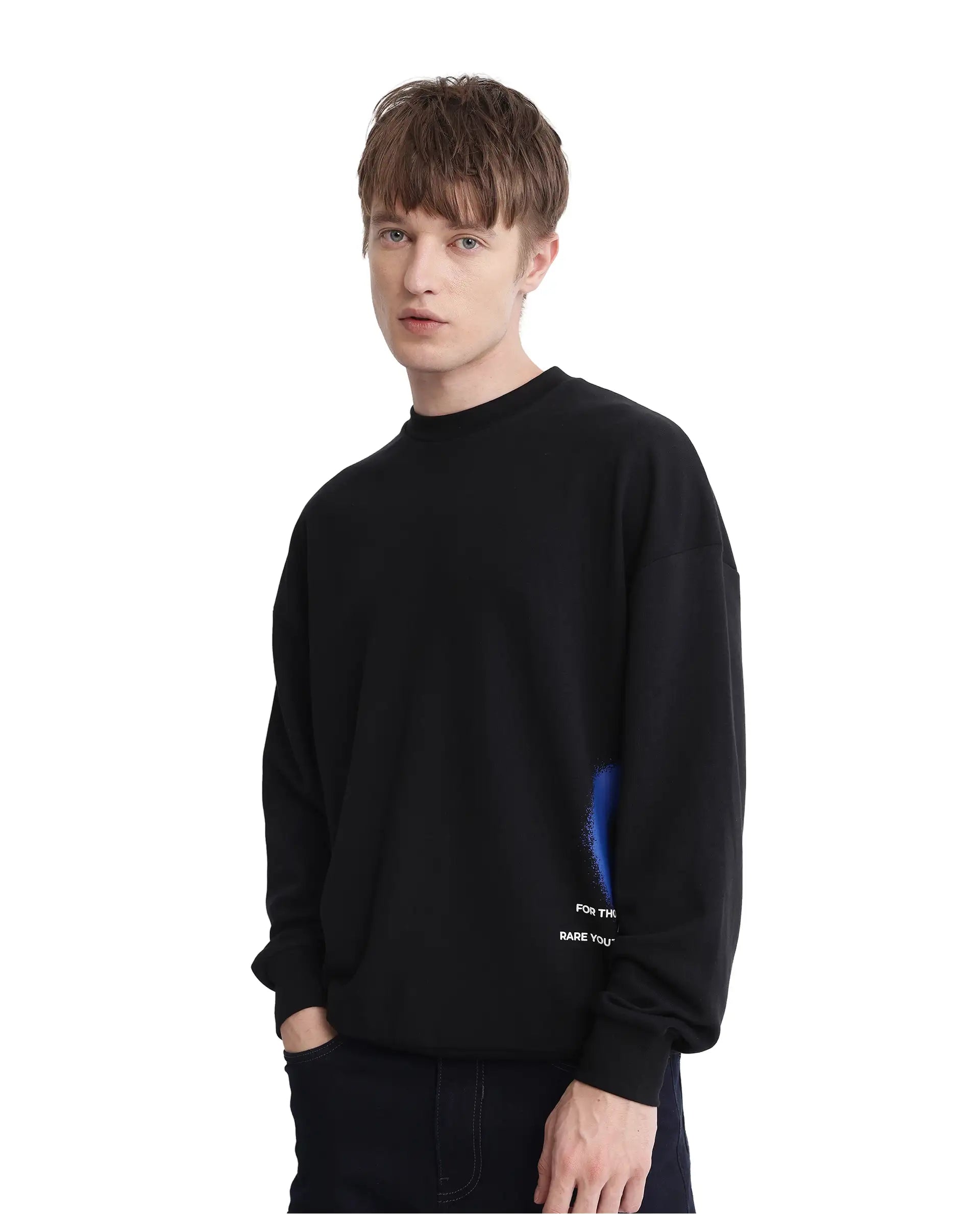 Rare Rabbit Men Deric Black Cotton Blend Fabric Full Sleeve Boxy Fit Placement Printed Sweatshirt