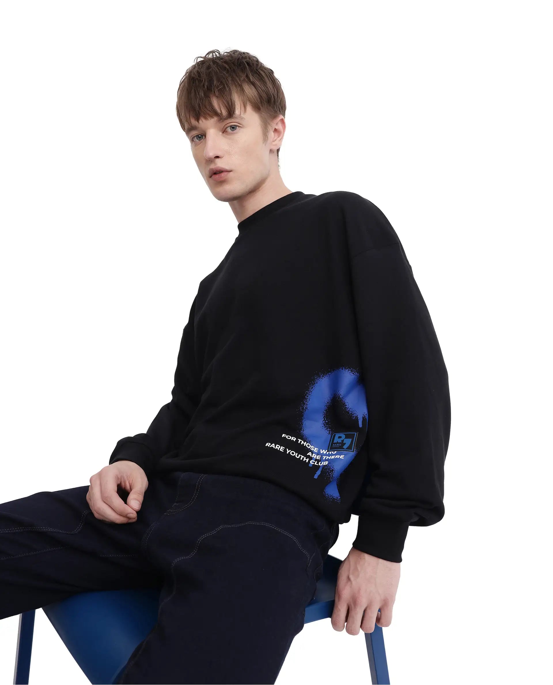 Rare Rabbit Men Deric Black Cotton Blend Fabric Full Sleeve Boxy Fit Placement Printed Sweatshirt
