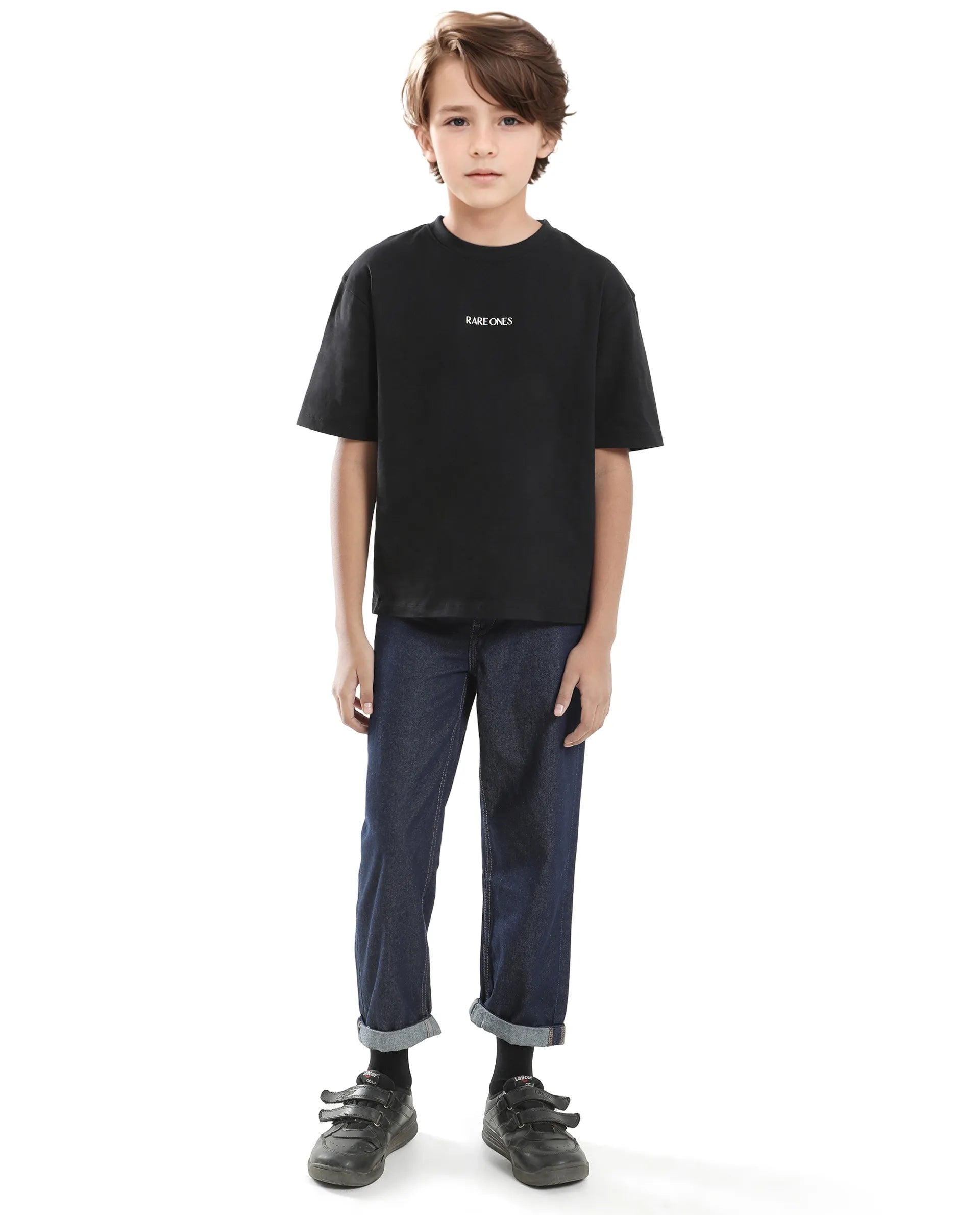 Rare Ones Kids Derion-K Black Cotton Solid Slip-On Oversized Fit T-Shirt