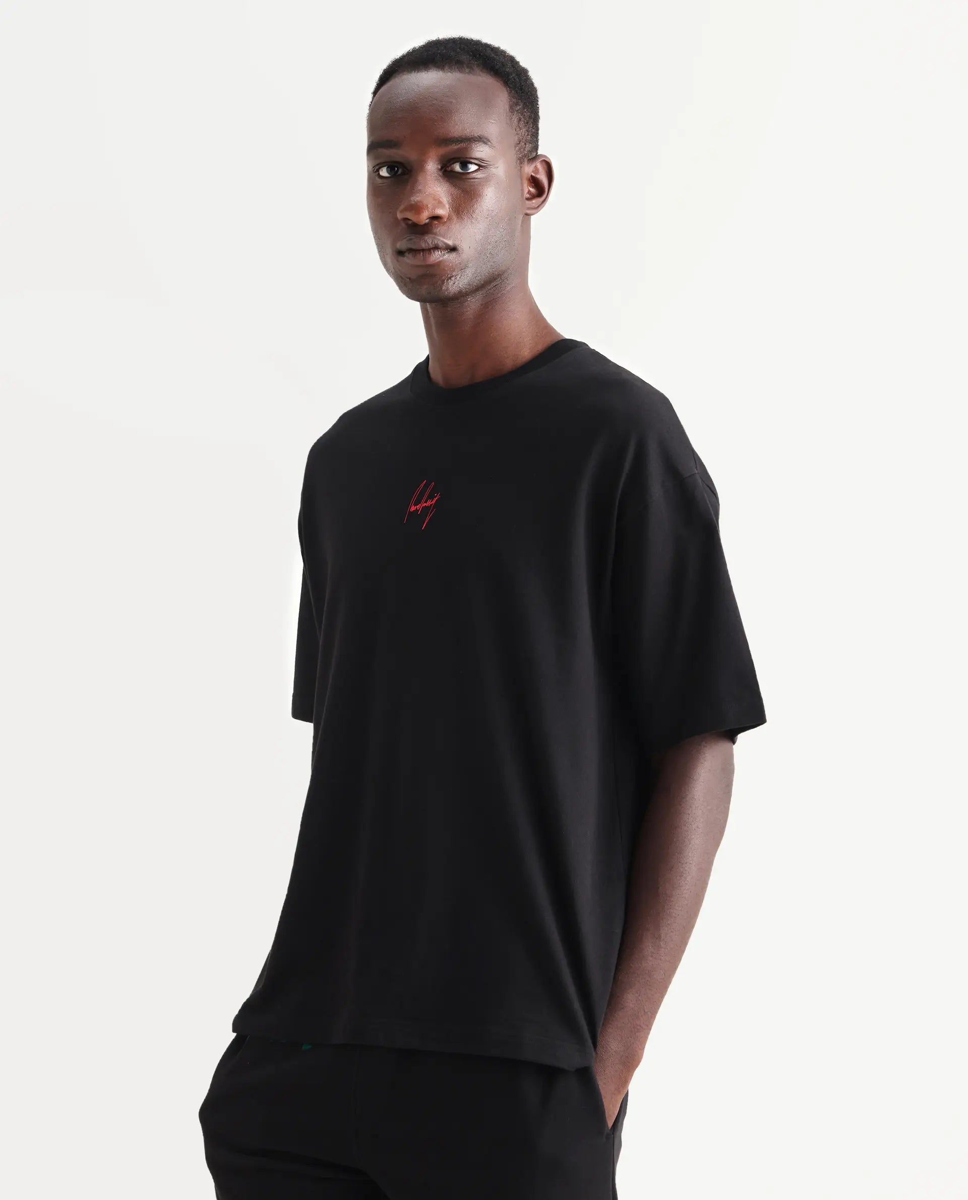 Rare Rabbit Men's Derion Black Cotton Label Print Boxy Fit Half Sleeve Crew Neck T-Shirt