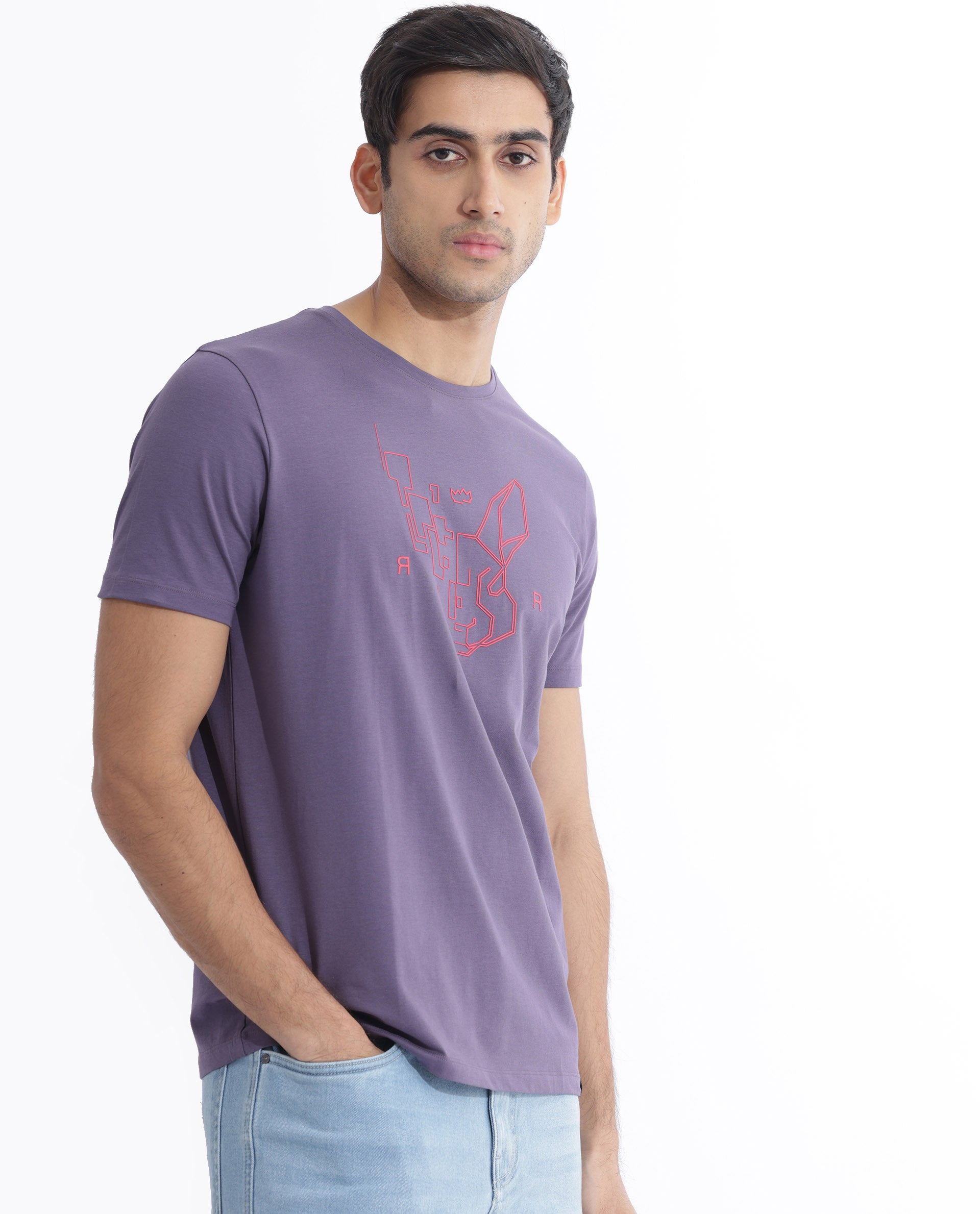 Rare Rabbit Men's Dern Dusky Purple Cotton Fabric Half Sleeves Logo Graphic Print T-Shirt