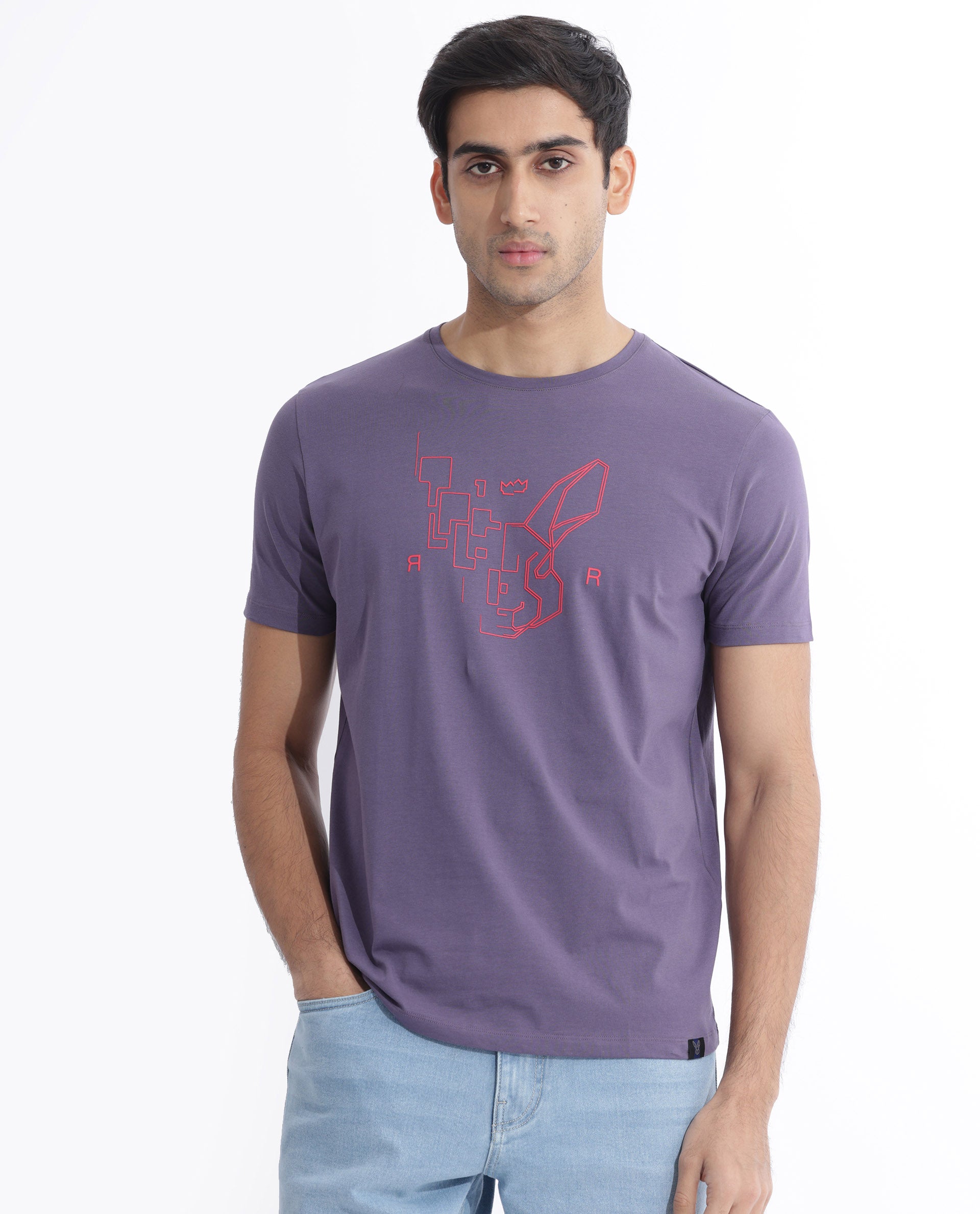 Rare Rabbit Men's Dern Dusky Purple Cotton Fabric Half Sleeves Logo Graphic Print T-Shirt
