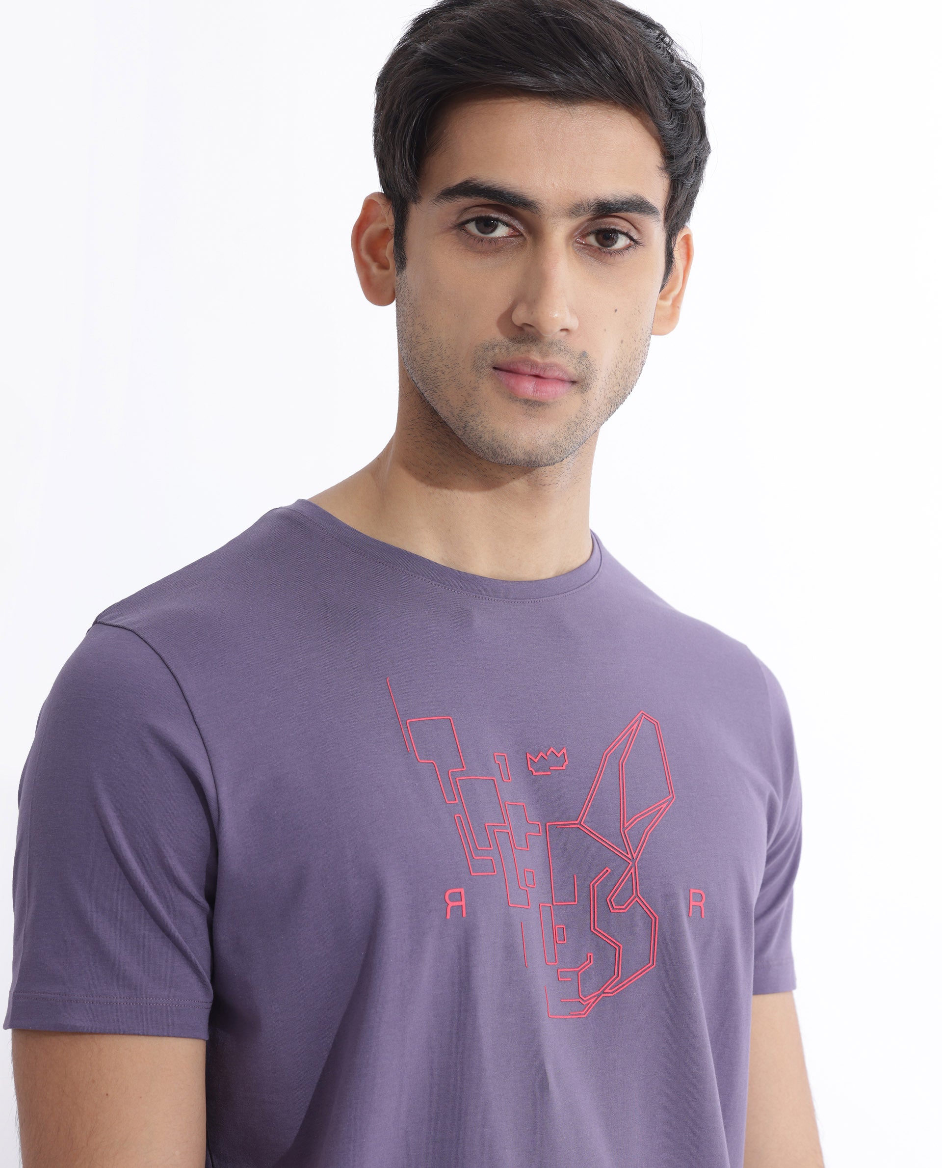 Rare Rabbit Men's Dern Dusky Purple Cotton Fabric Half Sleeves Logo Graphic Print T-Shirt