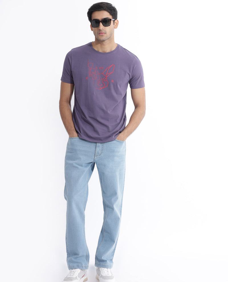 Rare Rabbit Men's Dern Dusky Purple Cotton Fabric Half Sleeves Logo Graphic Print T-Shirt