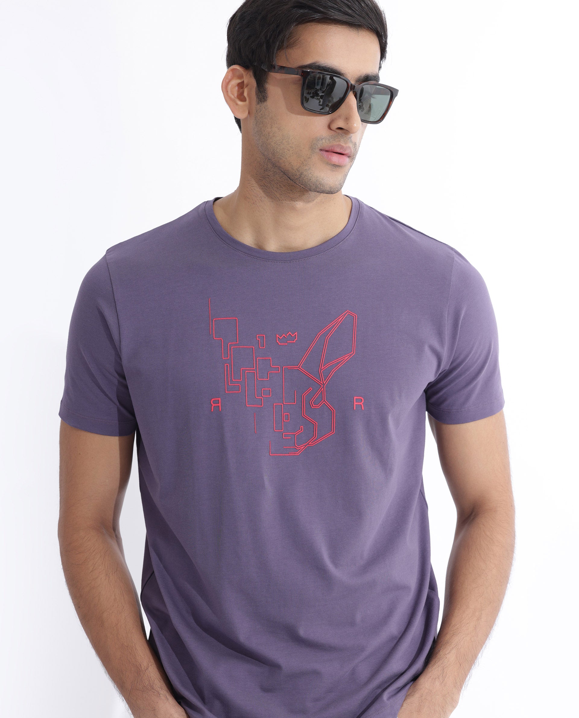 Rare Rabbit Men's Dern Dusky Purple Cotton Fabric Half Sleeves Logo Graphic Print T-Shirt