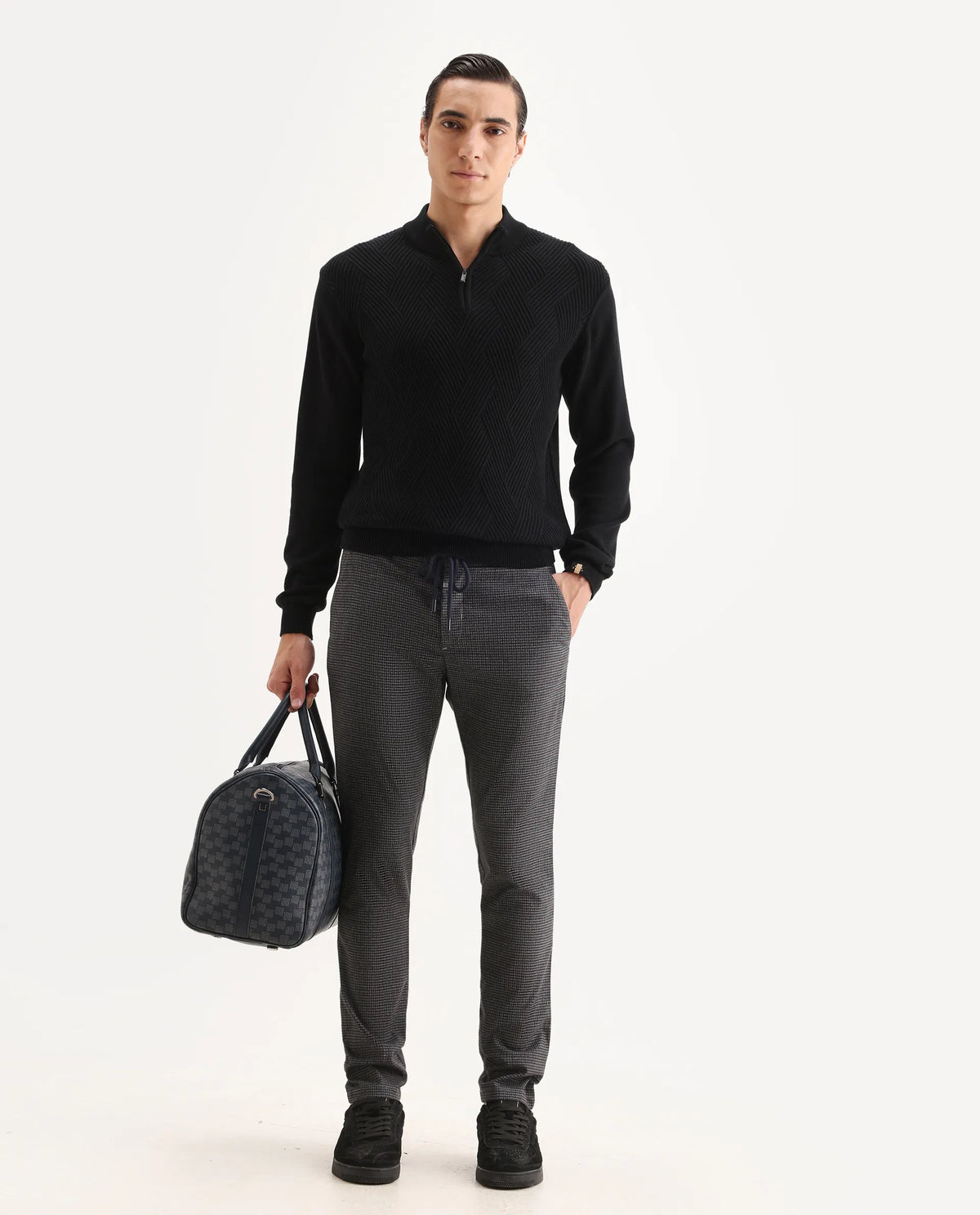 Rare Rabbit Men's Deros Dark Grey Cotton Checked Print Regular Fit Trouser