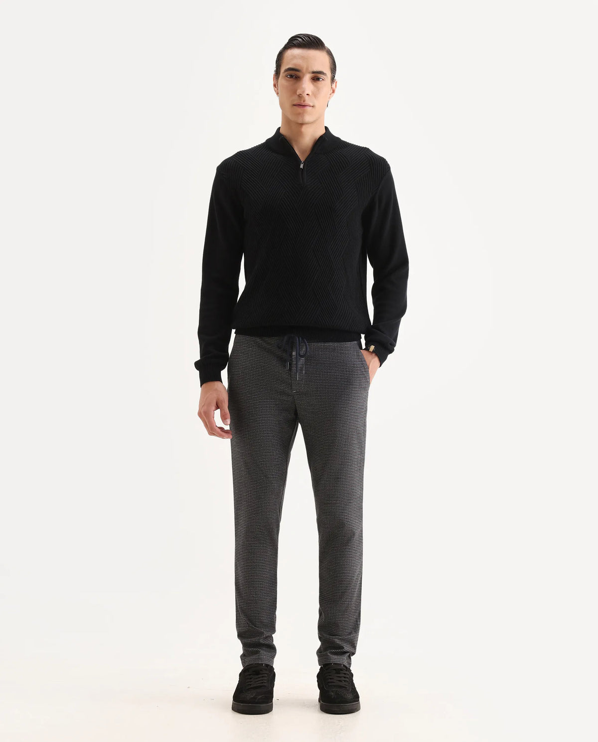 Rare Rabbit Men's Deros Dark Grey Cotton Checked Print Regular Fit Trouser