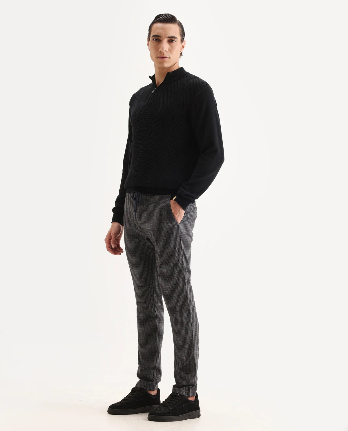 Rare Rabbit Men's Deros Dark Grey Cotton Checked Print Regular Fit Trouser