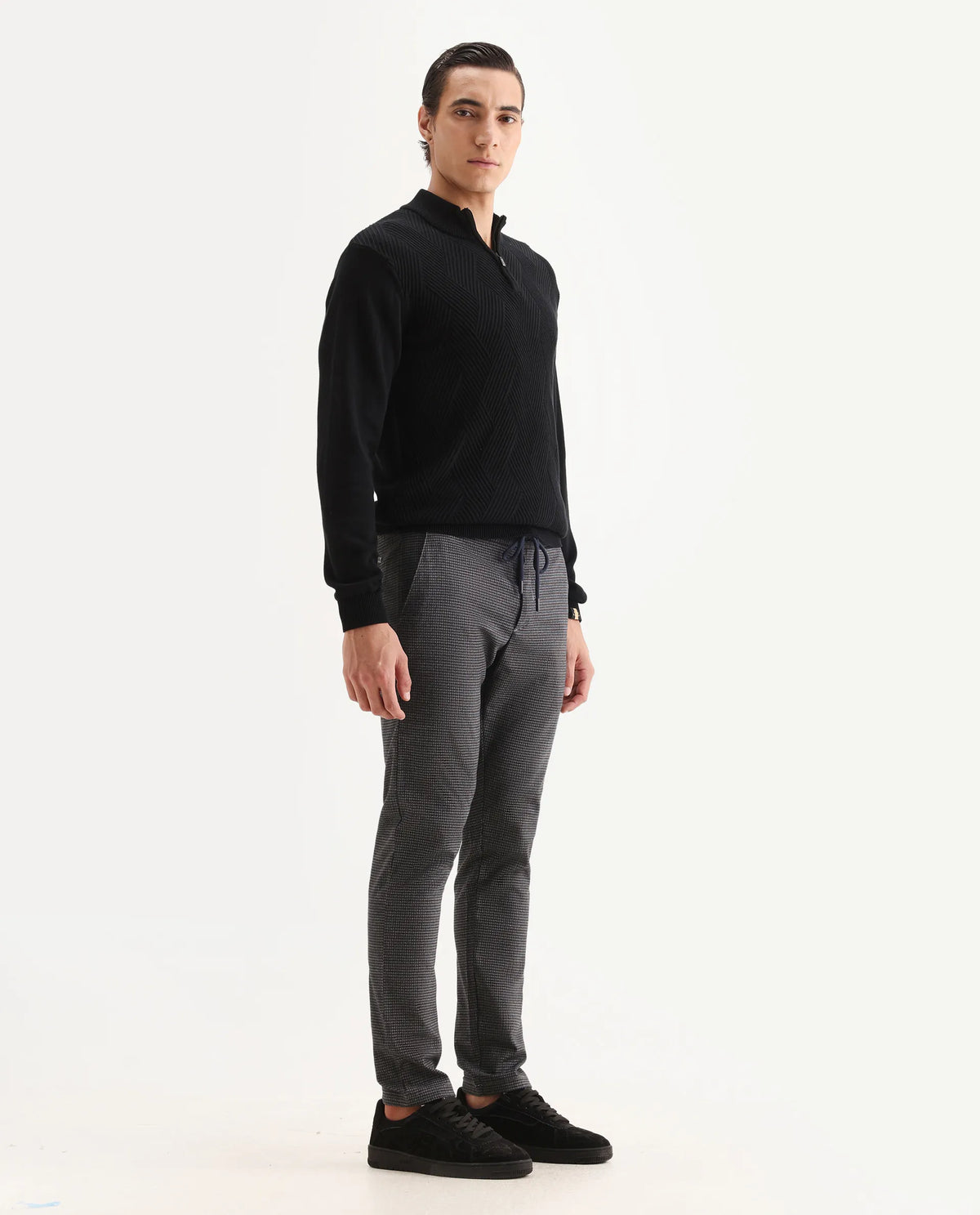 Rare Rabbit Men's Deros Dark Grey Cotton Checked Print Regular Fit Trouser