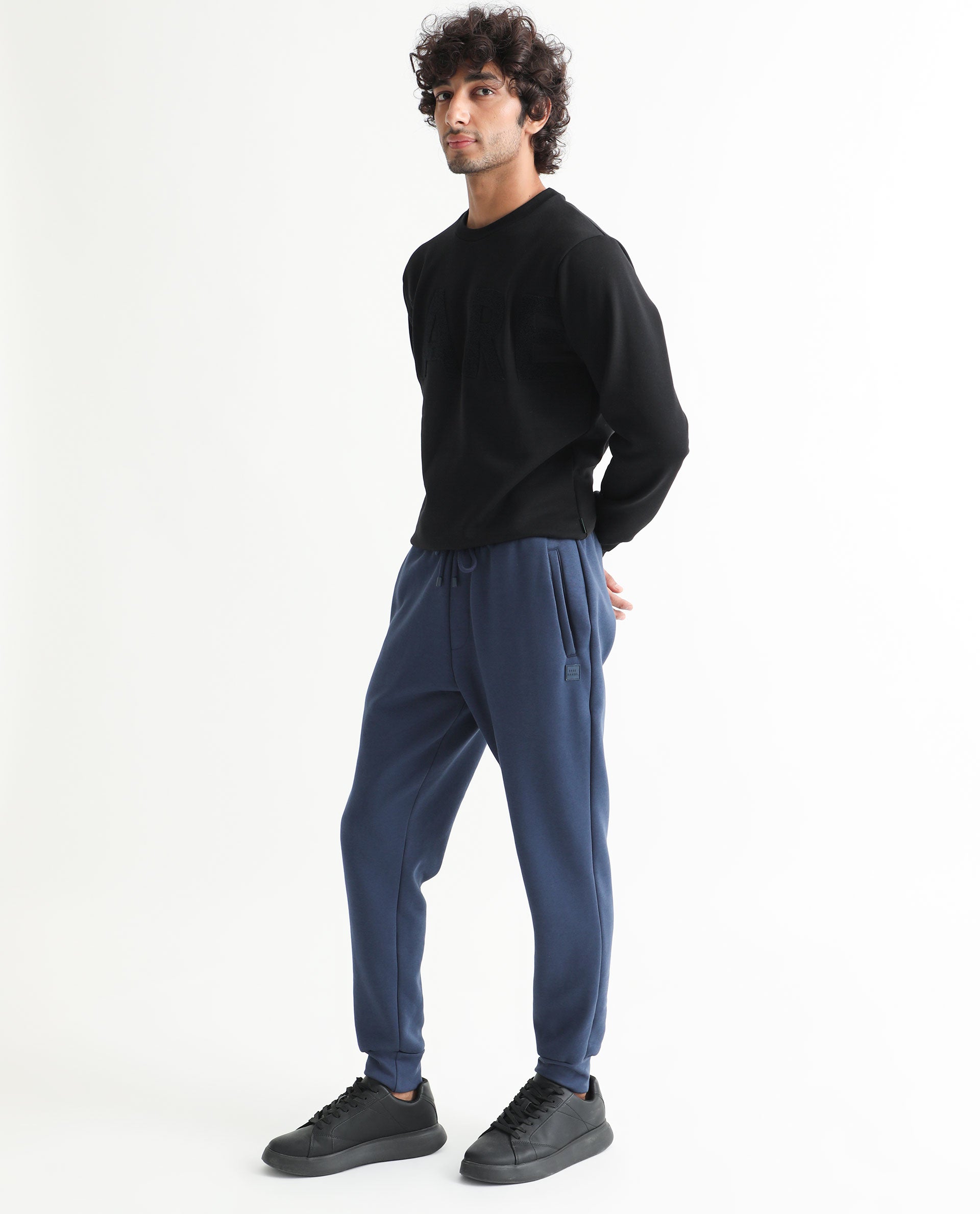 Rare Rabbit Mens Derry Dusky Blue Cotton Polyester Fabric Drawstring Closure Regular Fit Mid Rise Trackpant