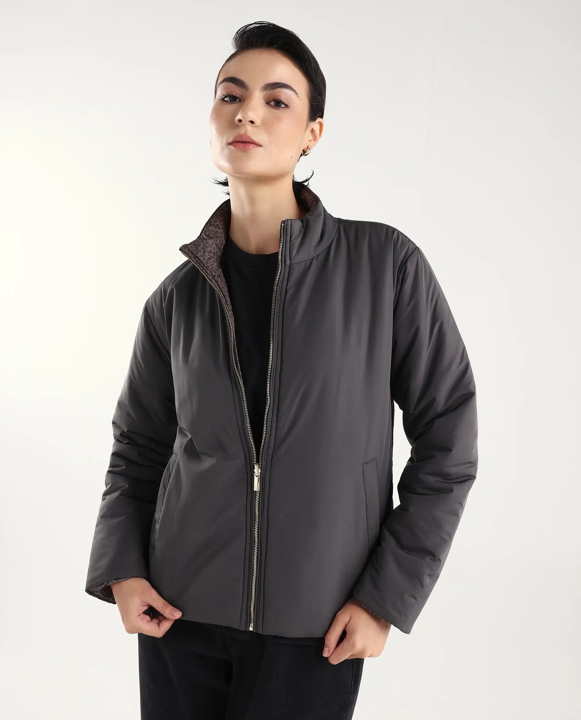Rareism Women's Derry-W Olive Polyester Crew Neck Jacket Geometric Print Jacket