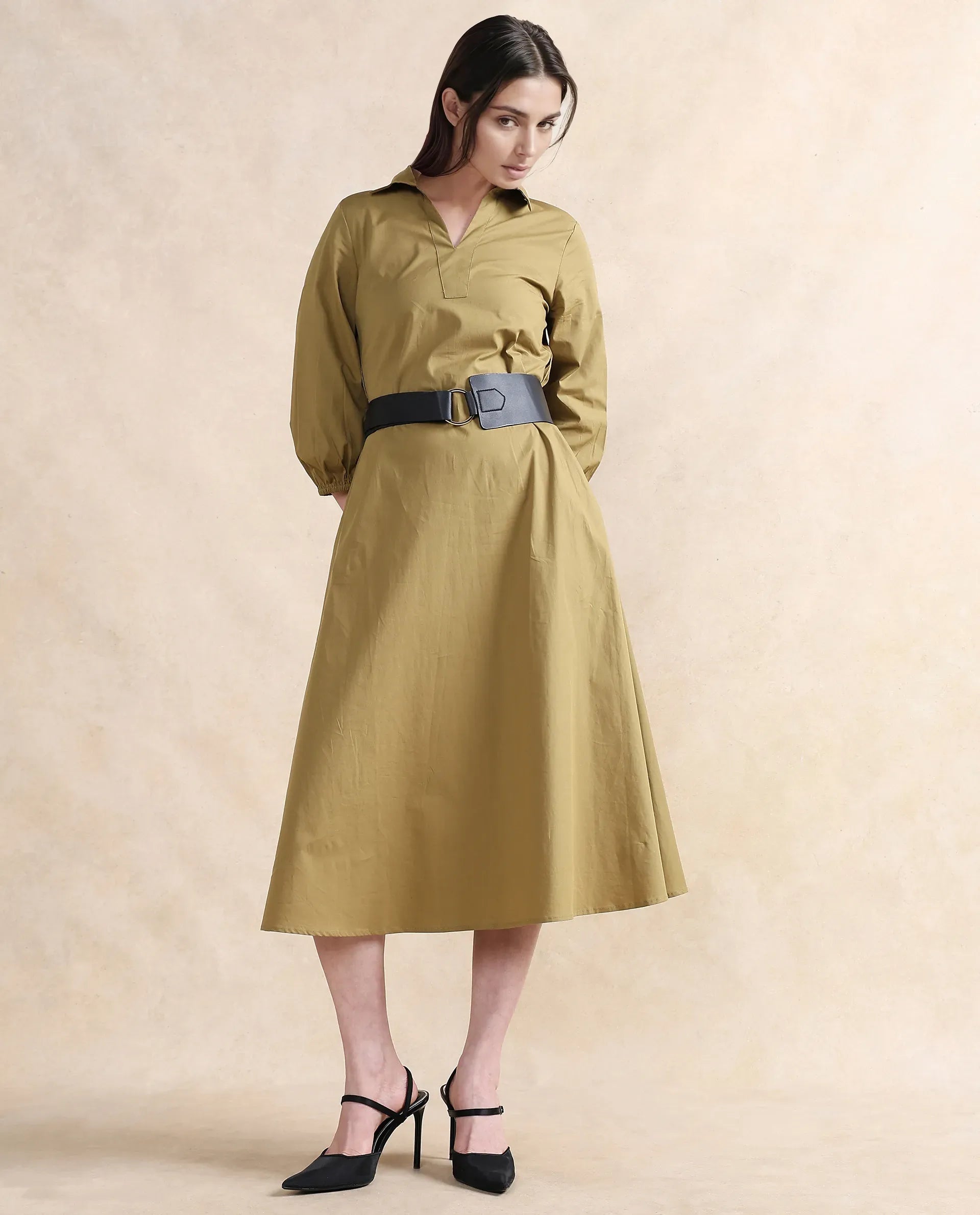 Rareism Women's Desal Olive Cotton Blend Drop Collar Plain Bishop Sleeve Midi Flared Dress