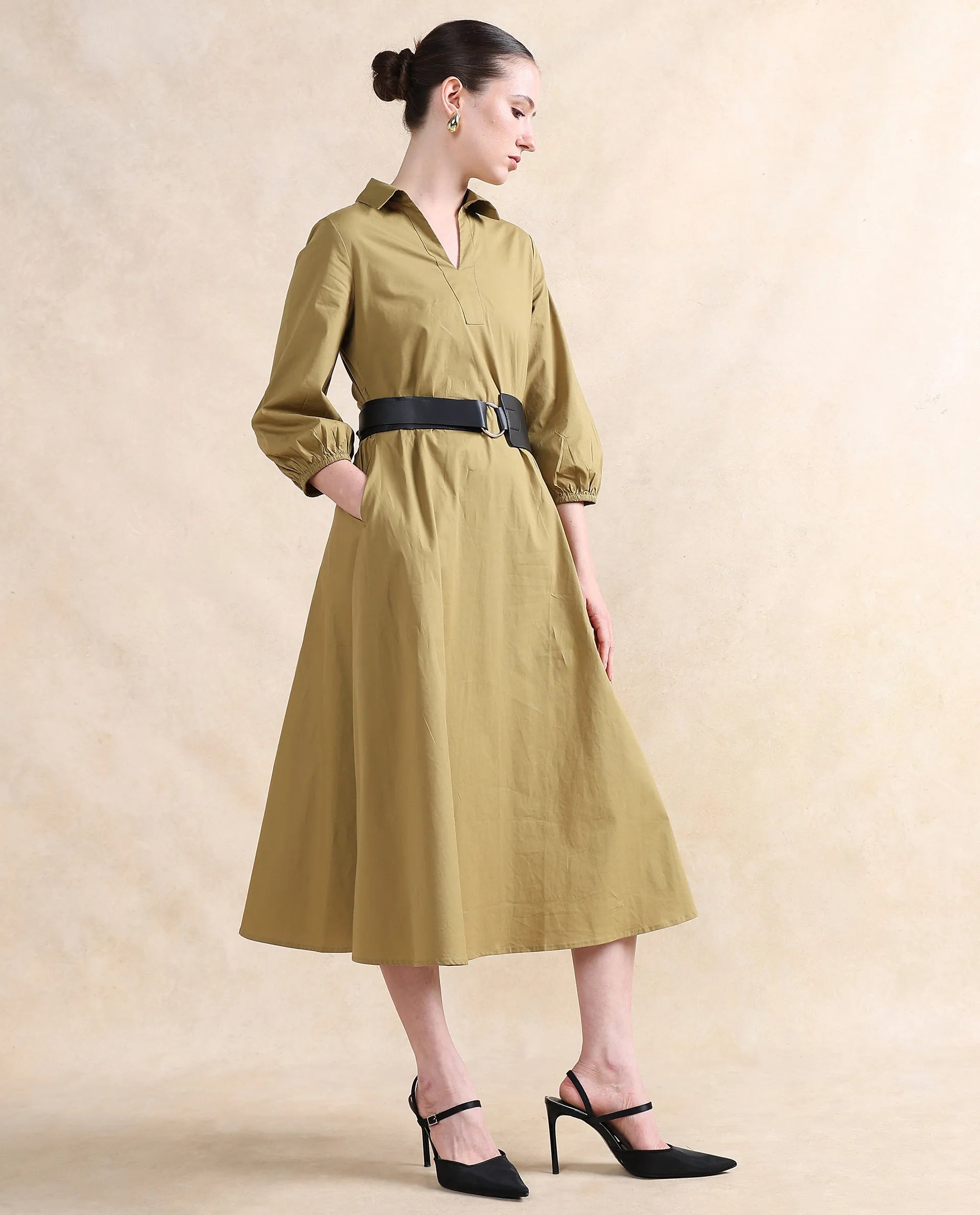 Rareism Women Desal Olive Cotton Blend Fabric Bishop Sleeve Collared Neck Flared Fit Midi Plain Dress