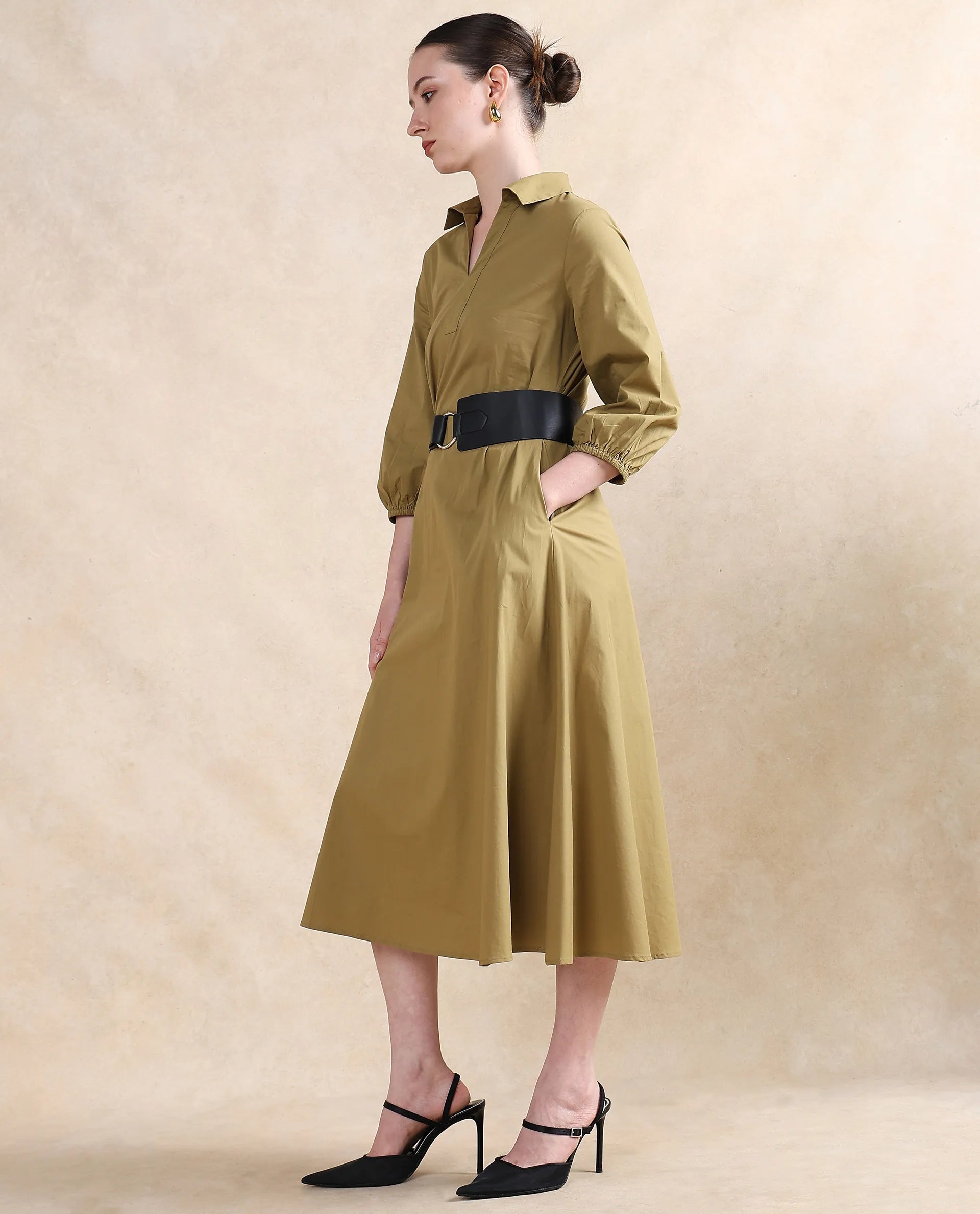Rareism Women Desal Olive Cotton Blend Fabric Bishop Sleeve Collared Neck Flared Fit Midi Plain Dress