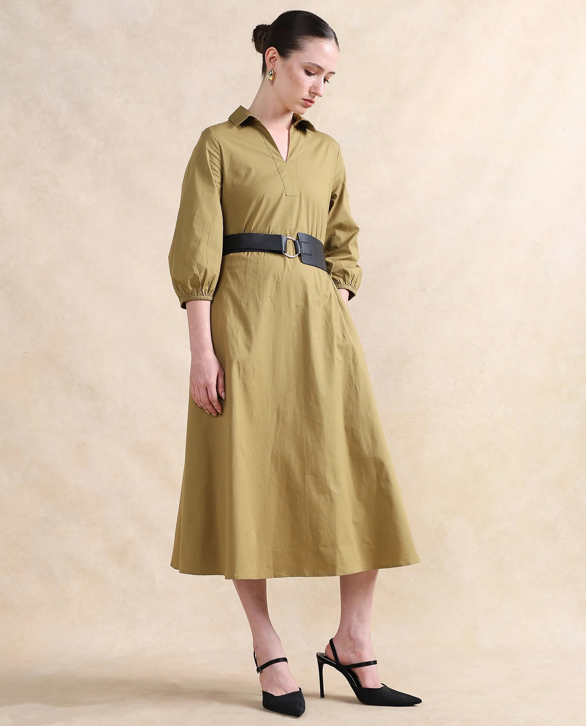 Rareism Women Desal Olive Cotton Blend Fabric Bishop Sleeve Collared Neck Flared Fit Midi Plain Dress