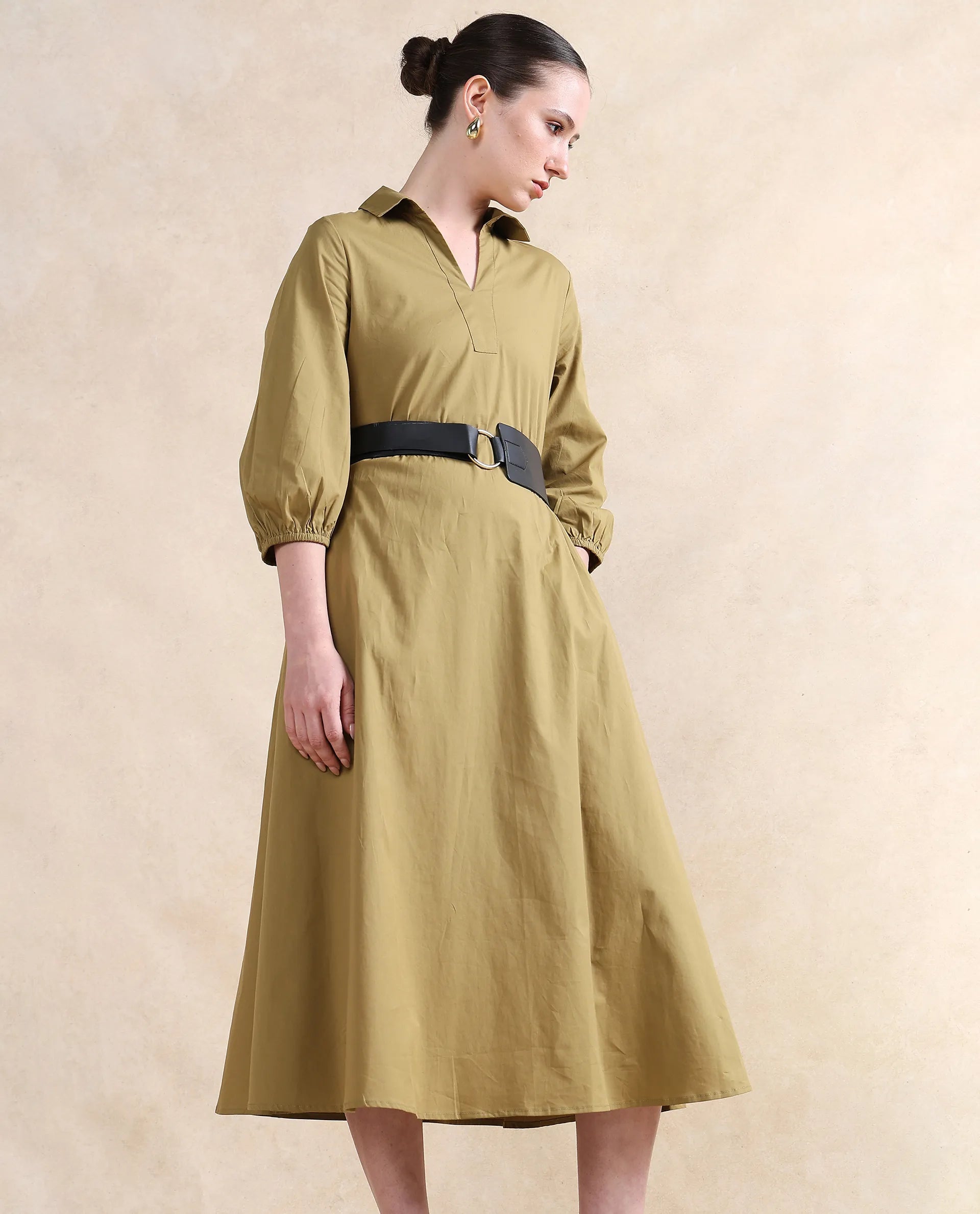 Rareism Women Desal Olive Cotton Blend Fabric Bishop Sleeve Collared Neck Flared Fit Midi Plain Dress
