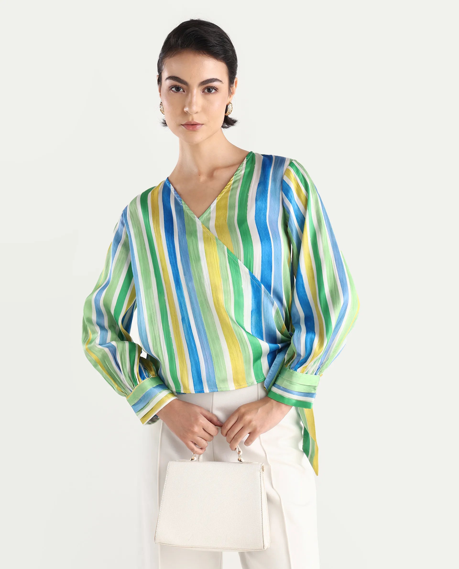 Rareism Women's Dessa Multi Overlap Neck Striped Cuffed Sleeve Regular Fit Top