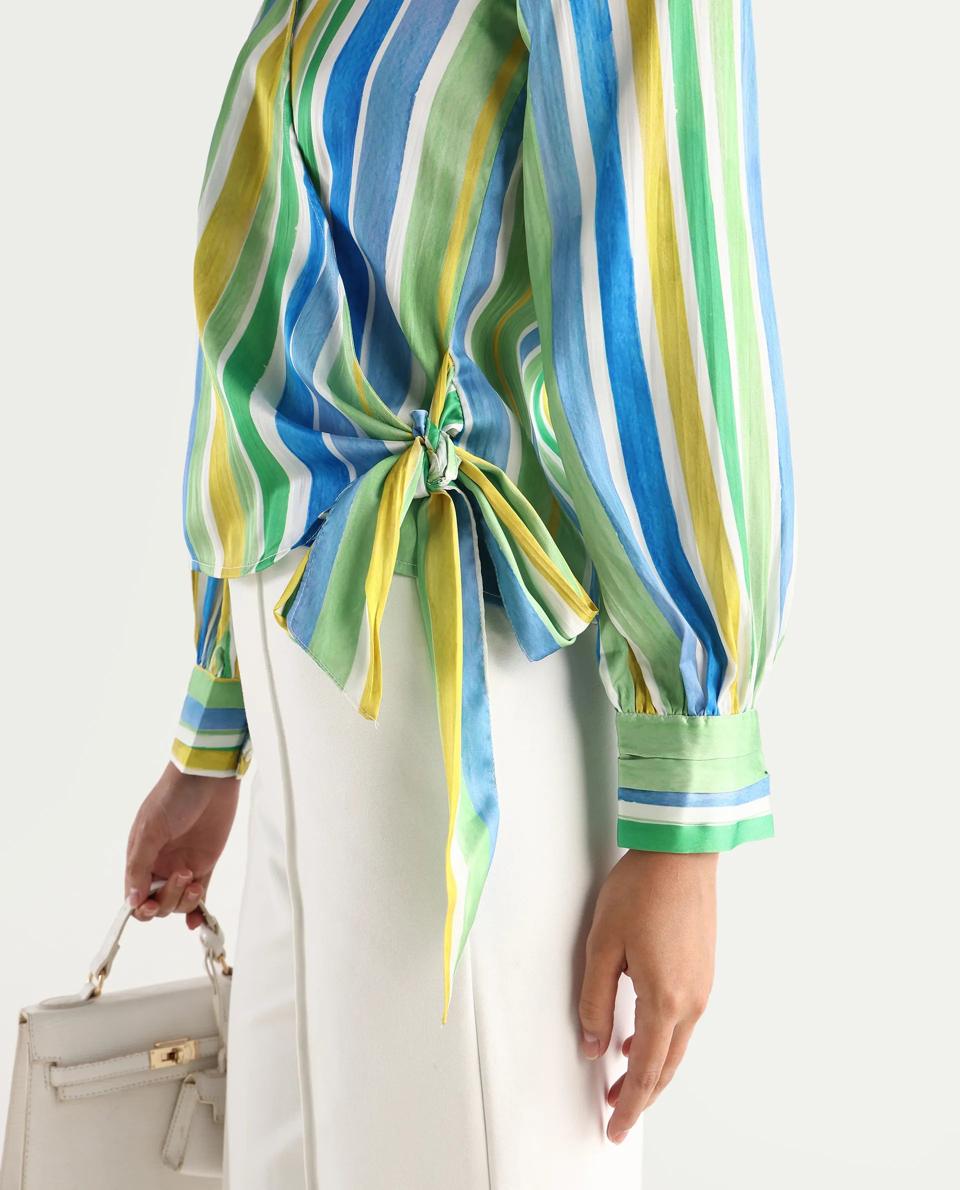 Rareism Women's Dessa Multi Overlap Neck Striped Cuffed Sleeve Regular Fit Top