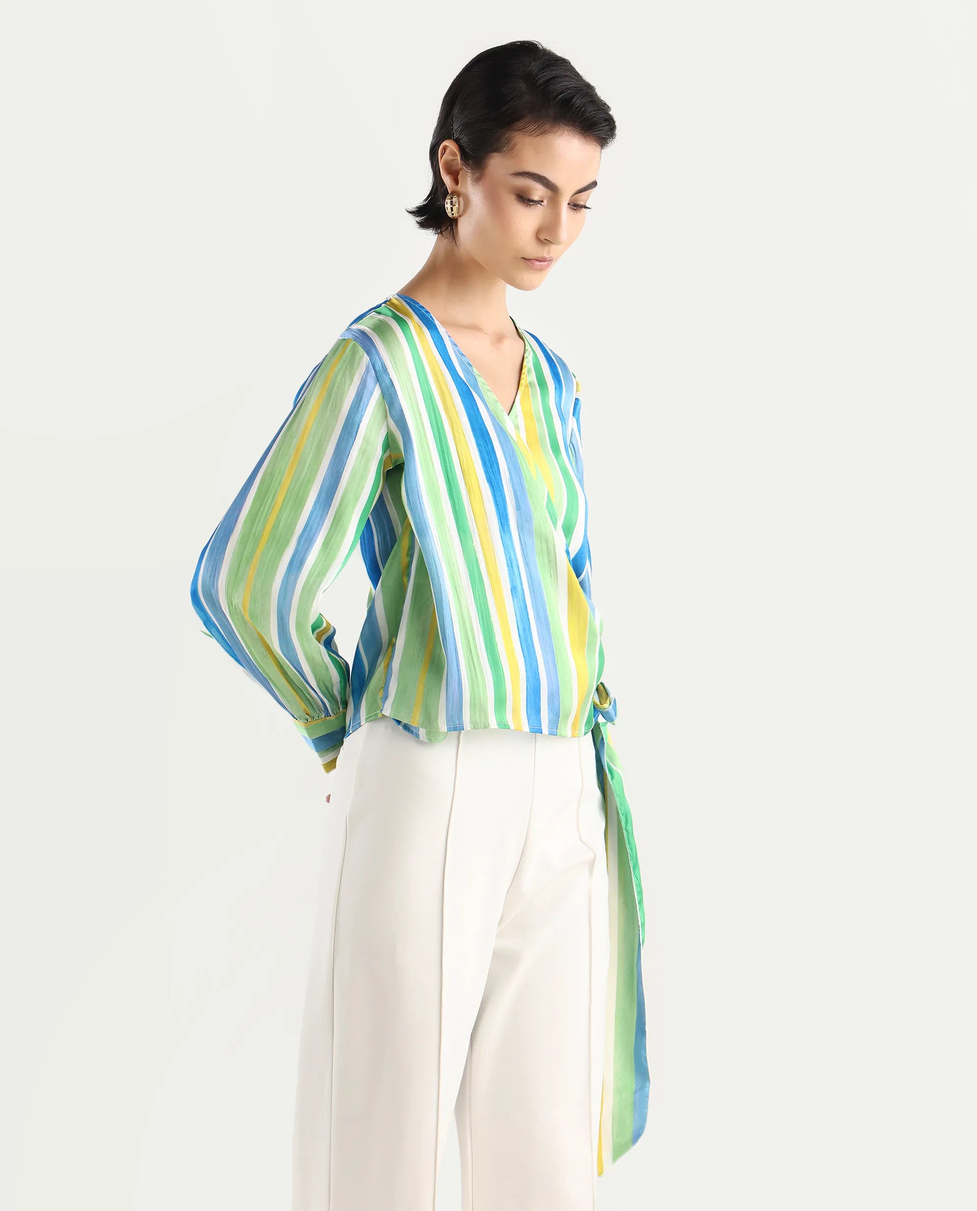 Rareism Women's Dessa Multi Overlap Neck Striped Cuffed Sleeve Regular Fit Top