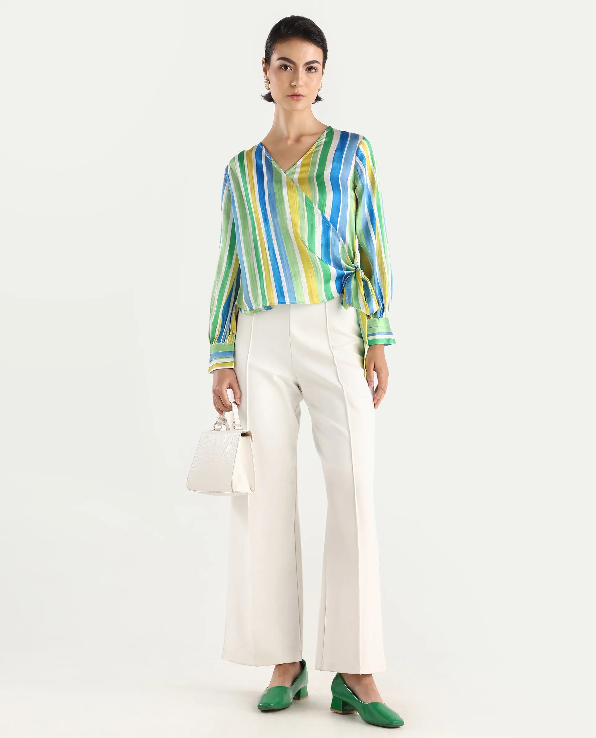 Rareism Women's Dessa Multi Overlap Neck Striped Cuffed Sleeve Regular Fit Top