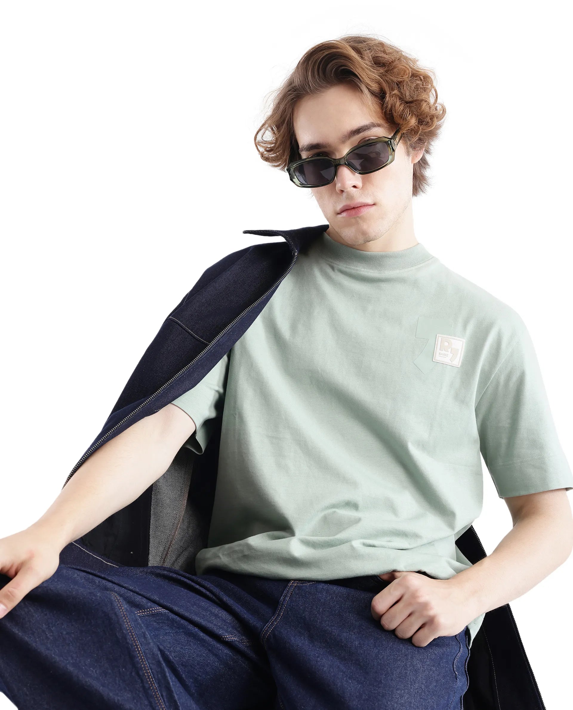 Rare Rabbit Men Deus Dusky Green Cotton Fabric Short Sleeve Boxy Fit HD Print and Applique Detail T-Shirt