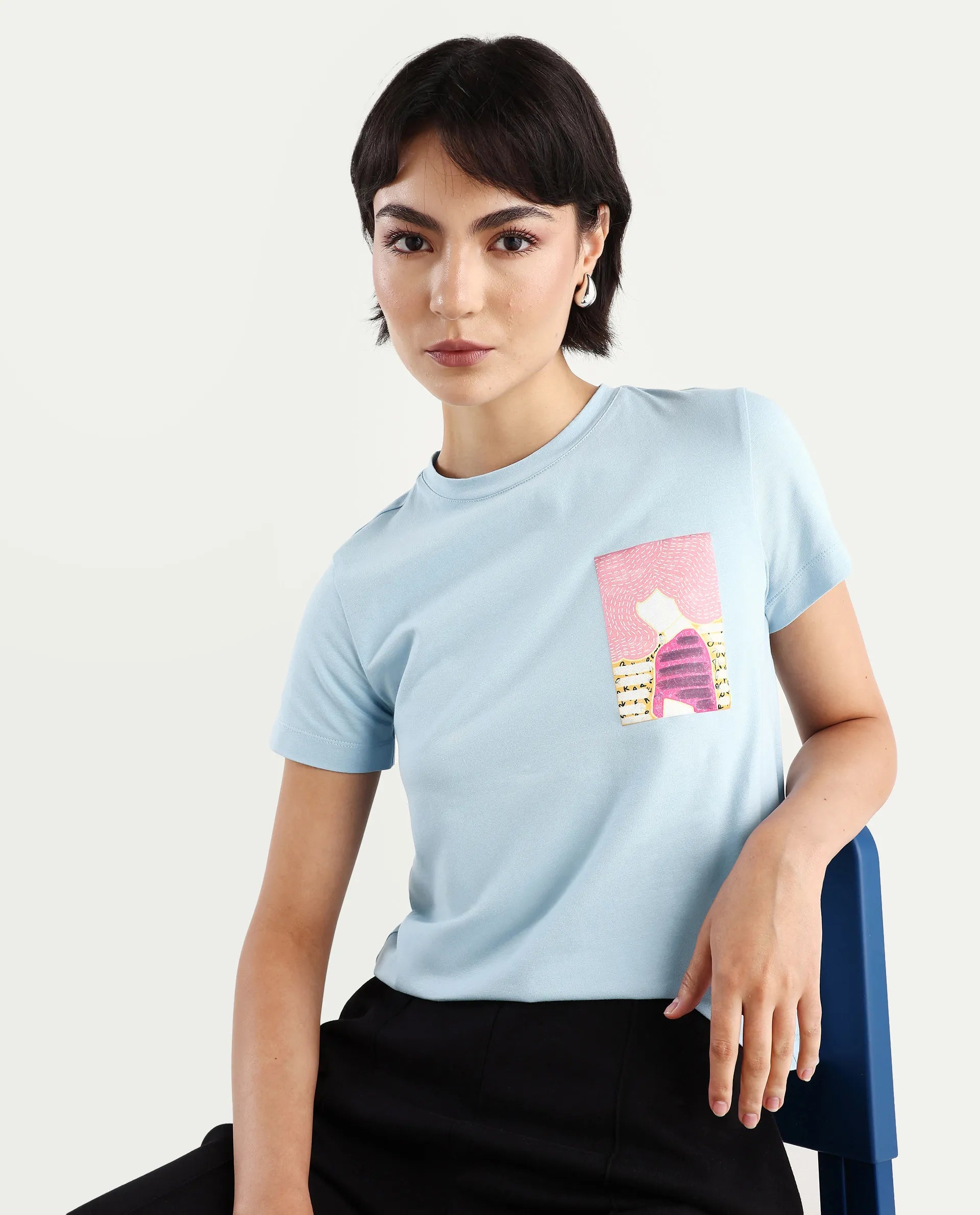 Rareism Women's Detti Light Blue Cotton Blend Crew Neck Graphic Print Regular Fit T-Shirt