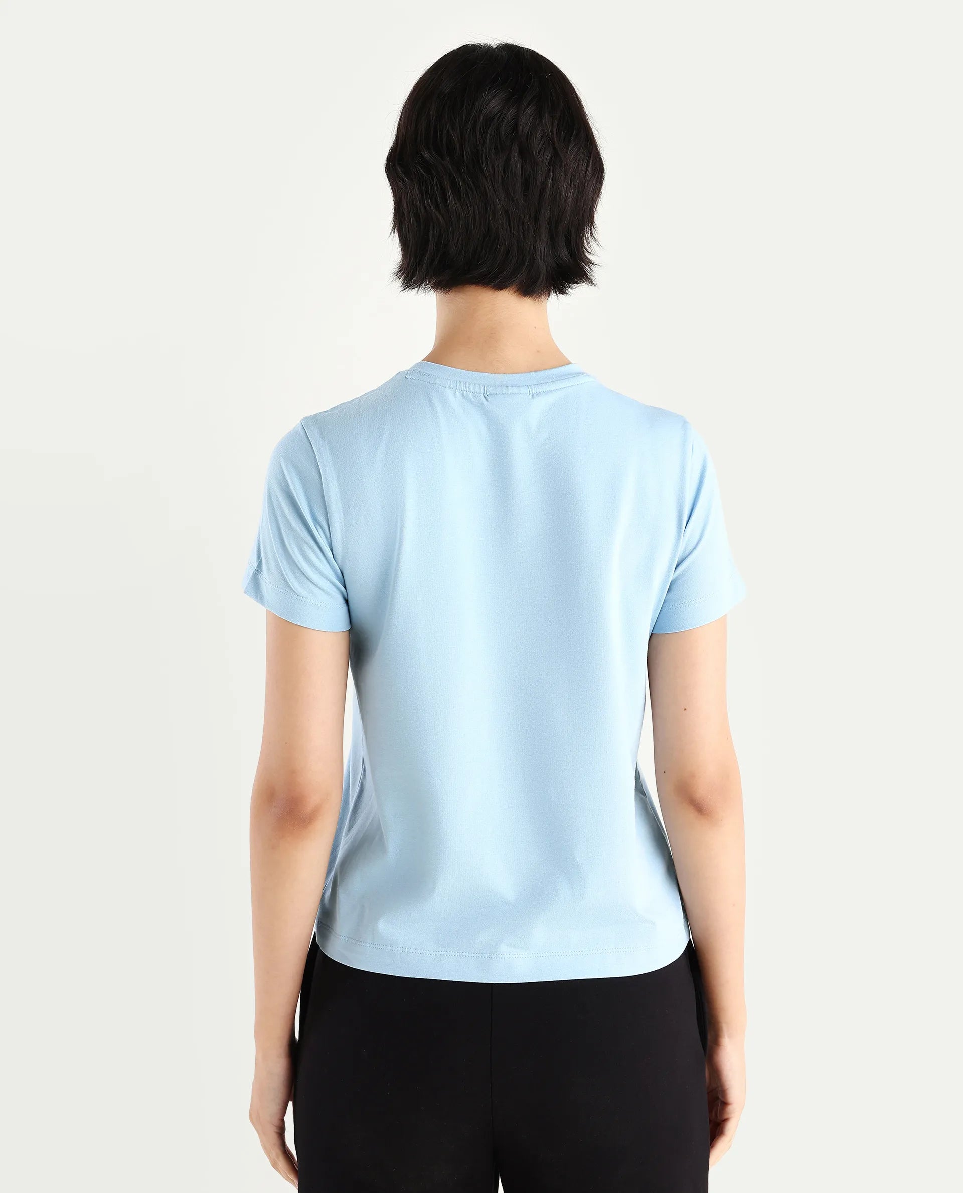 Rareism Women's Detti Light Blue Cotton Blend Crew Neck Graphic Print Regular Fit T-Shirt