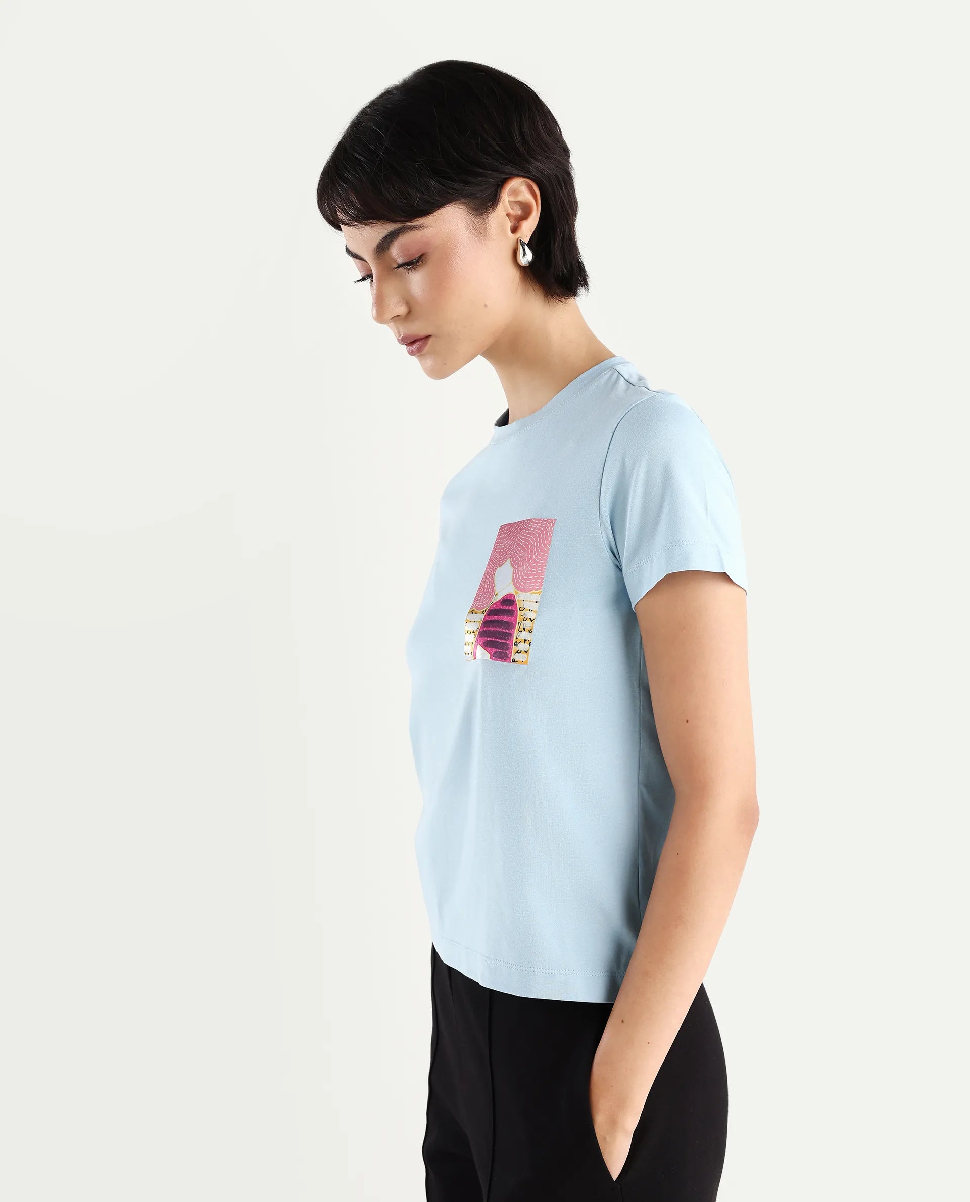 Rareism Women's Detti Light Blue Cotton Blend Crew Neck Graphic Print Regular Fit T-Shirt