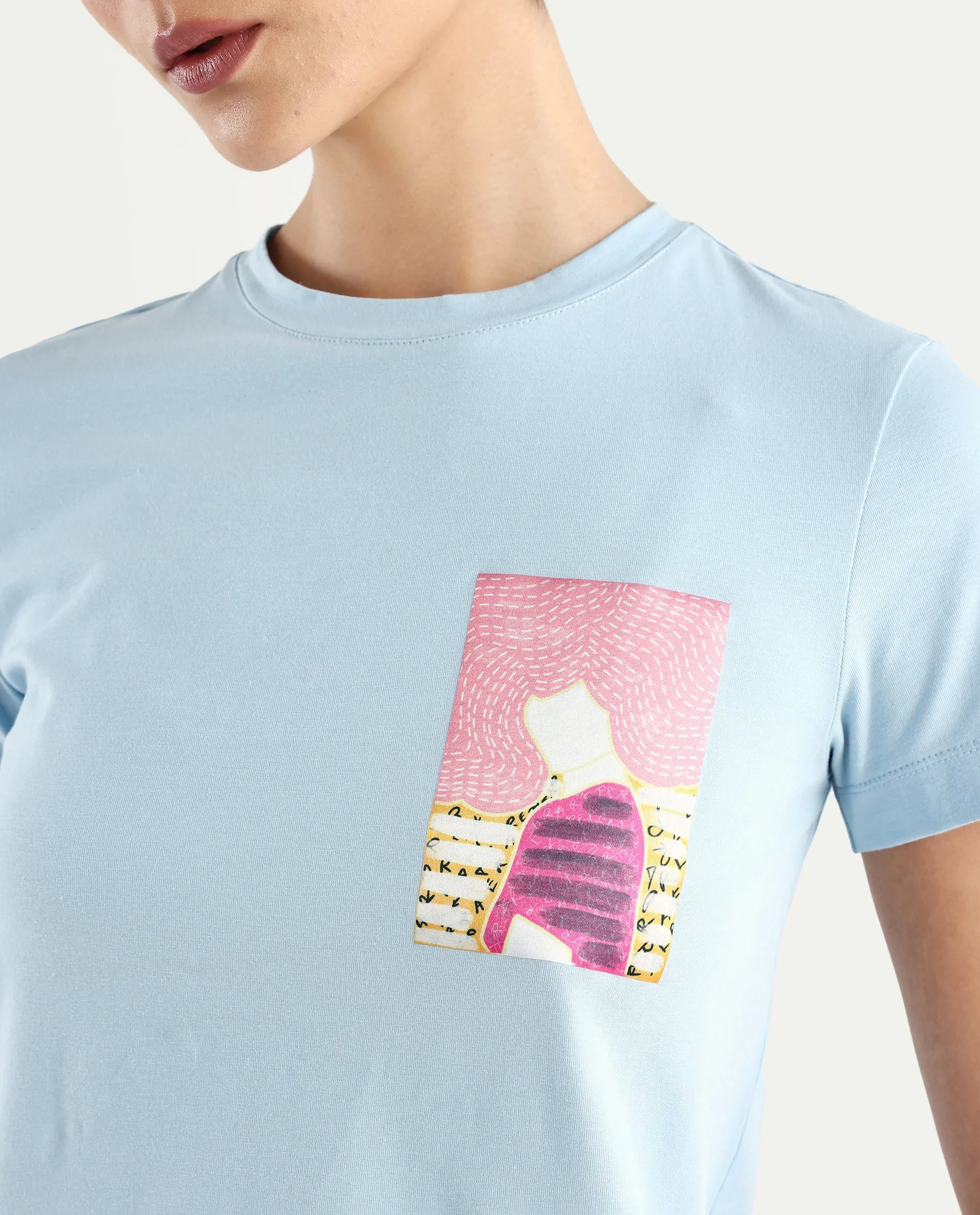 Rareism Women's Detti Light Blue Cotton Blend Crew Neck Graphic Print Regular Fit T-Shirt
