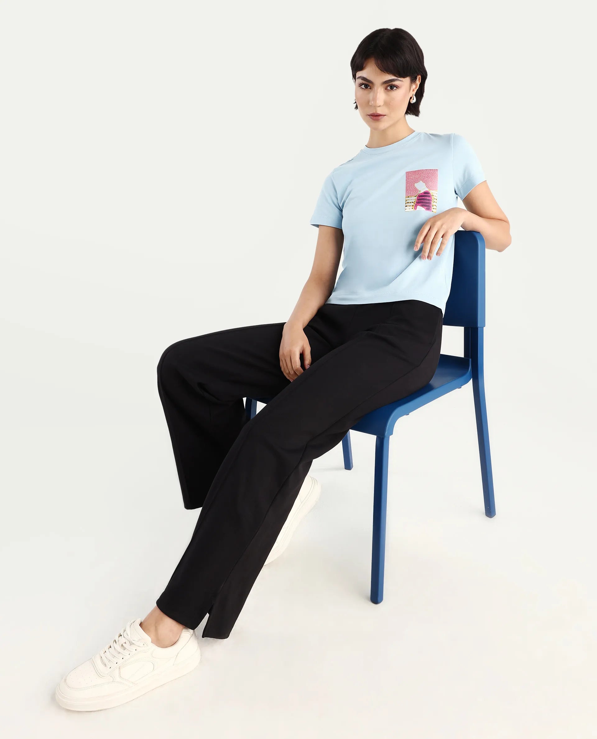 Rareism Women's Detti Light Blue Cotton Blend Crew Neck Graphic Print Regular Fit T-Shirt