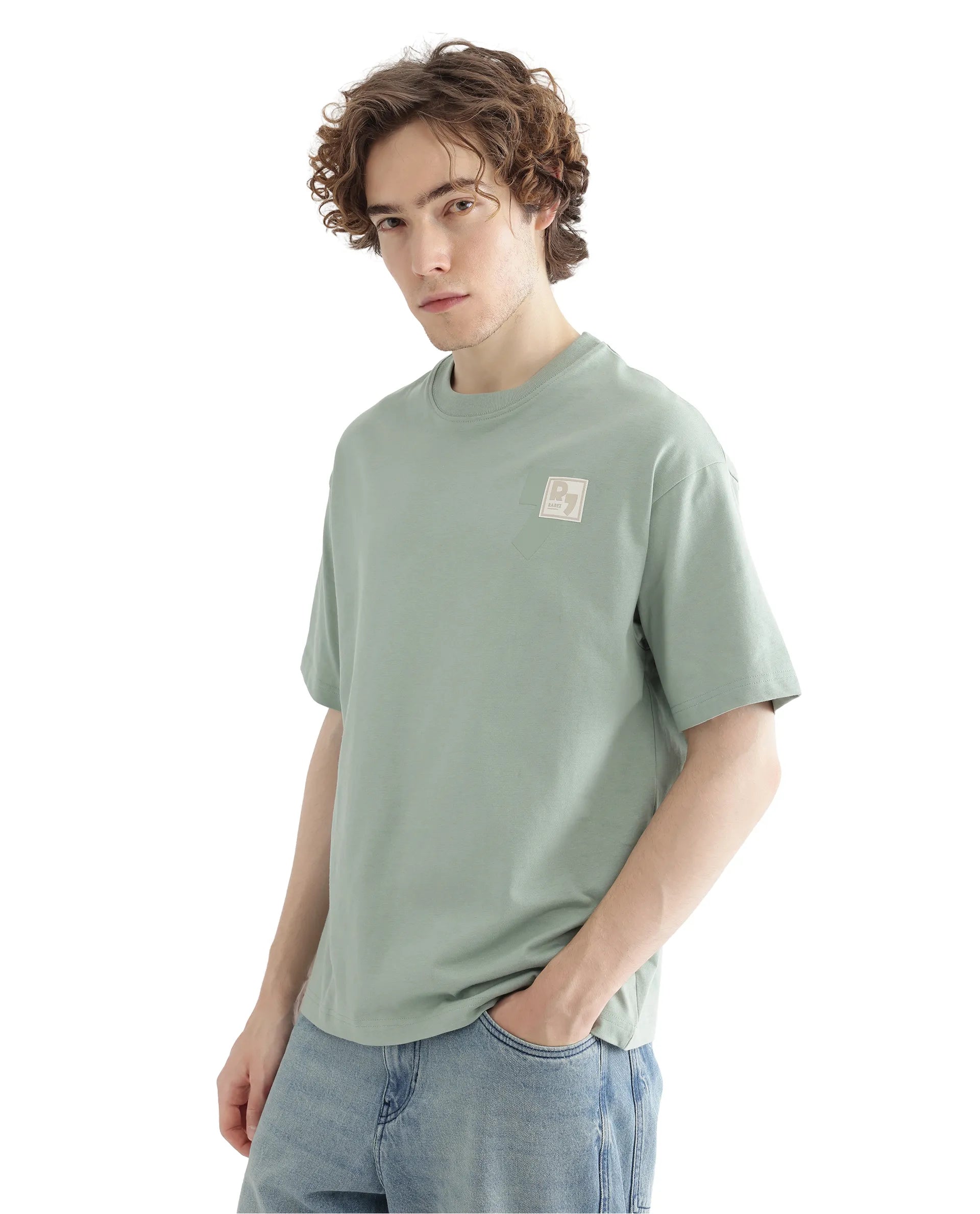 Rare Rabbit Men Deus Dusky Green Cotton Fabric Short Sleeve Boxy Fit HD Print and Applique Detail T-Shirt