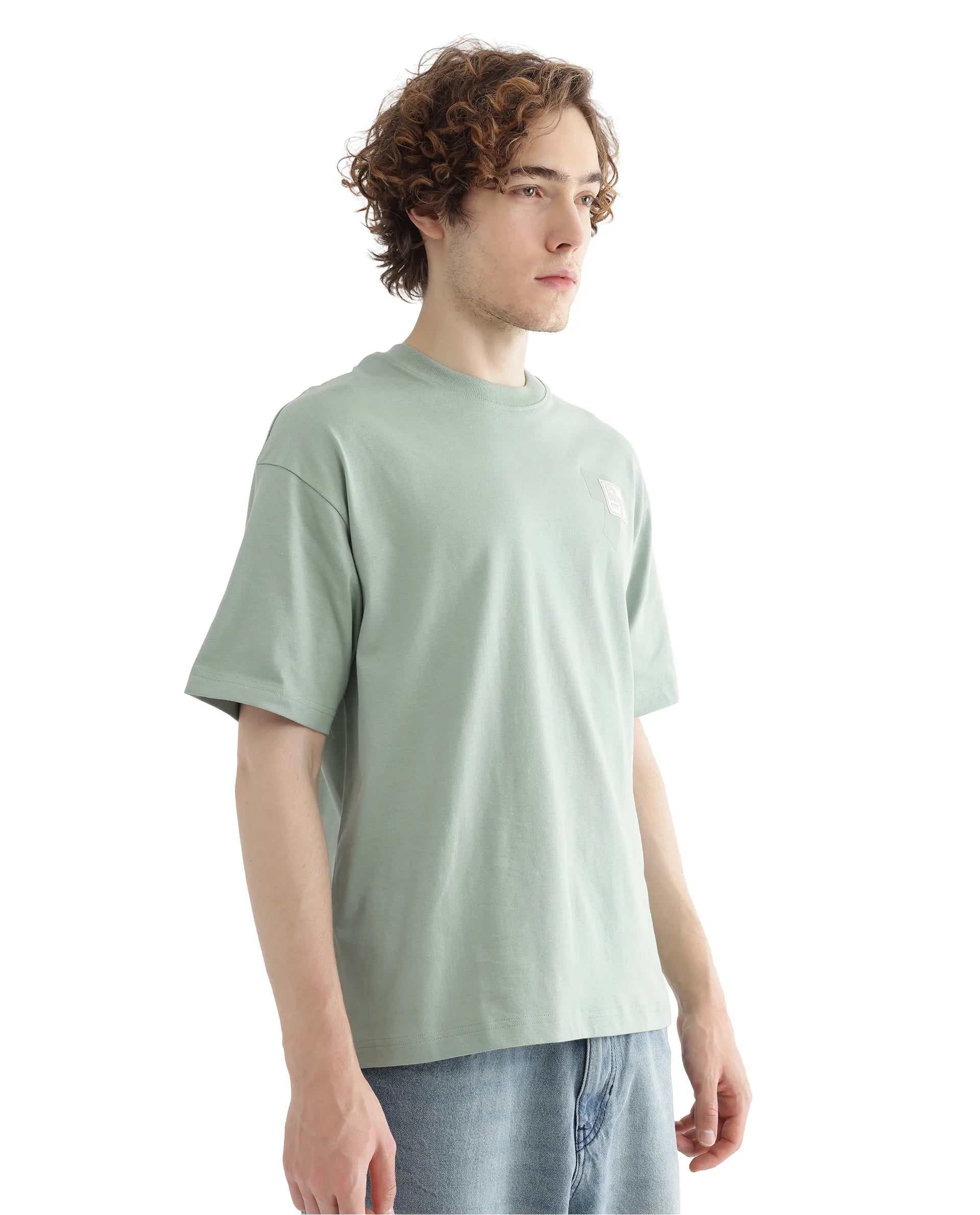 Rare Rabbit Men Deus Dusky Green Cotton Fabric Short Sleeve Boxy Fit HD Print and Applique Detail T-Shirt